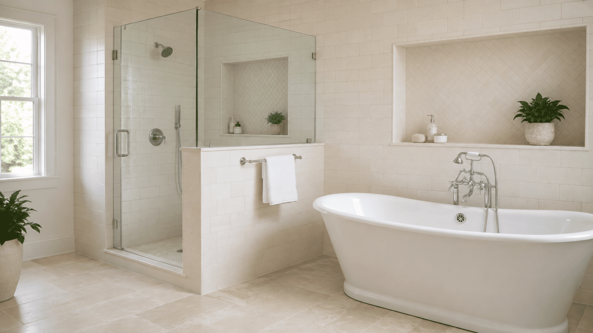 bright bathroom with half-wall shower, freestanding tub, and neutral tiles