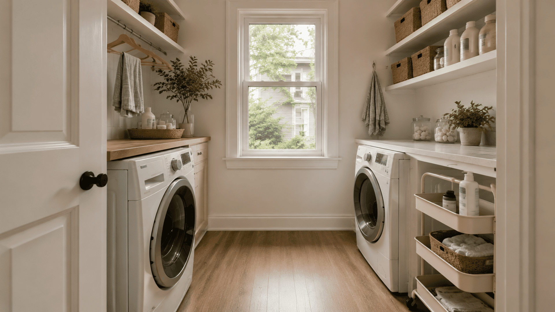bright galley laundry room with two washers, open shelves, baskets, and natural light