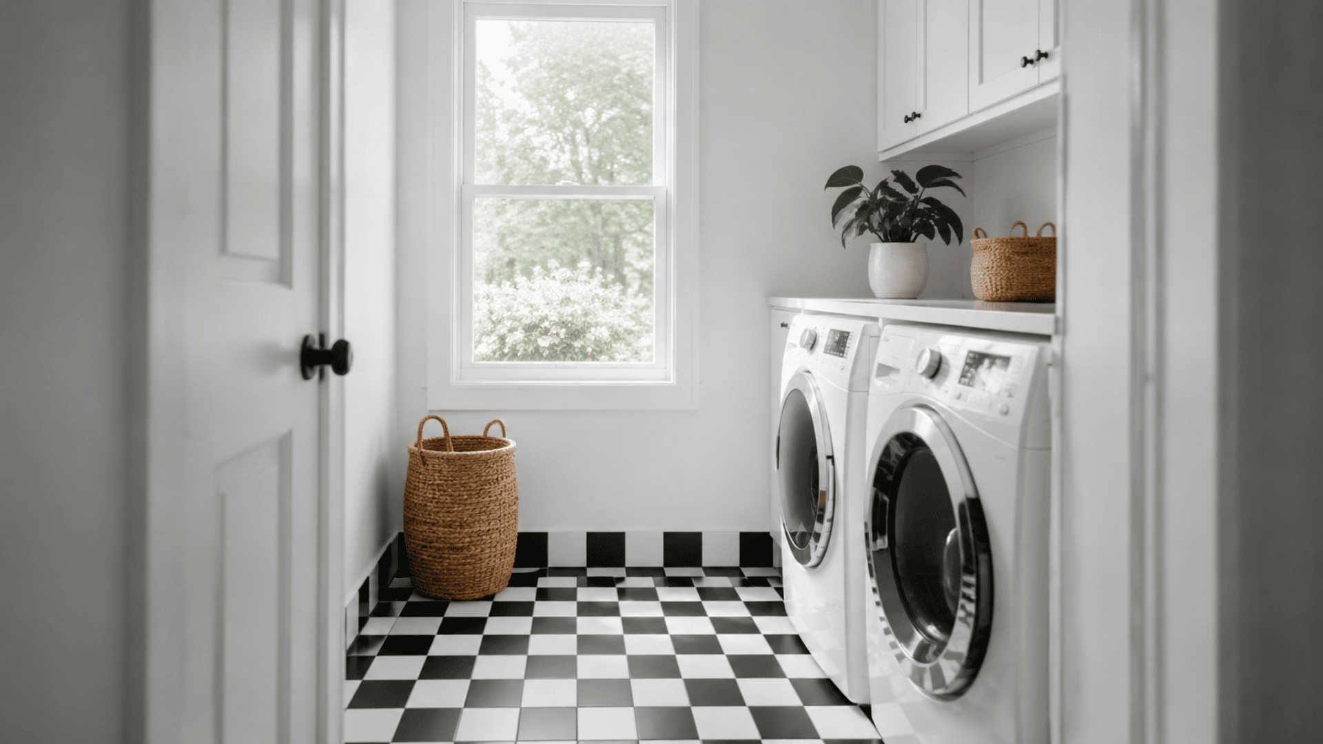 bright laundry room with black and white checkered floor, white cabinets, washer and dryer