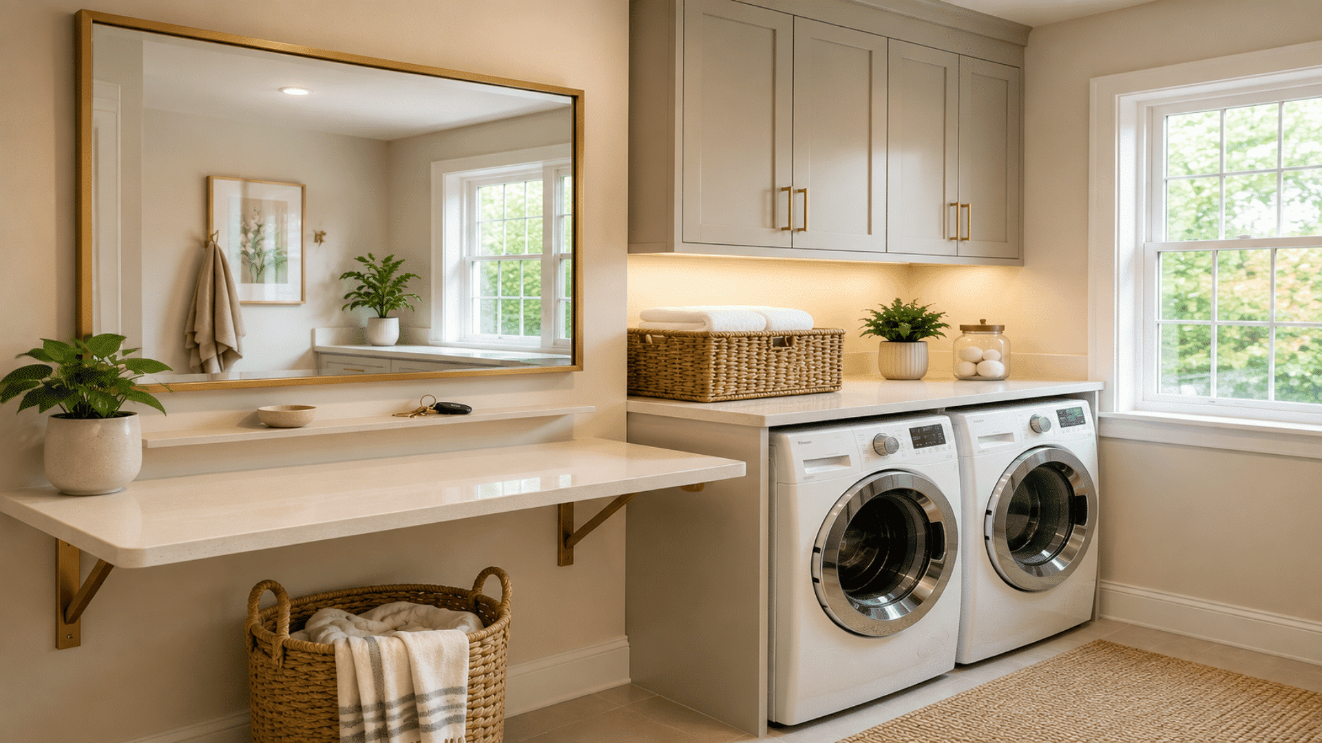 bright laundry room with large framed mirror, folding counter, cabinets, washer and dryer