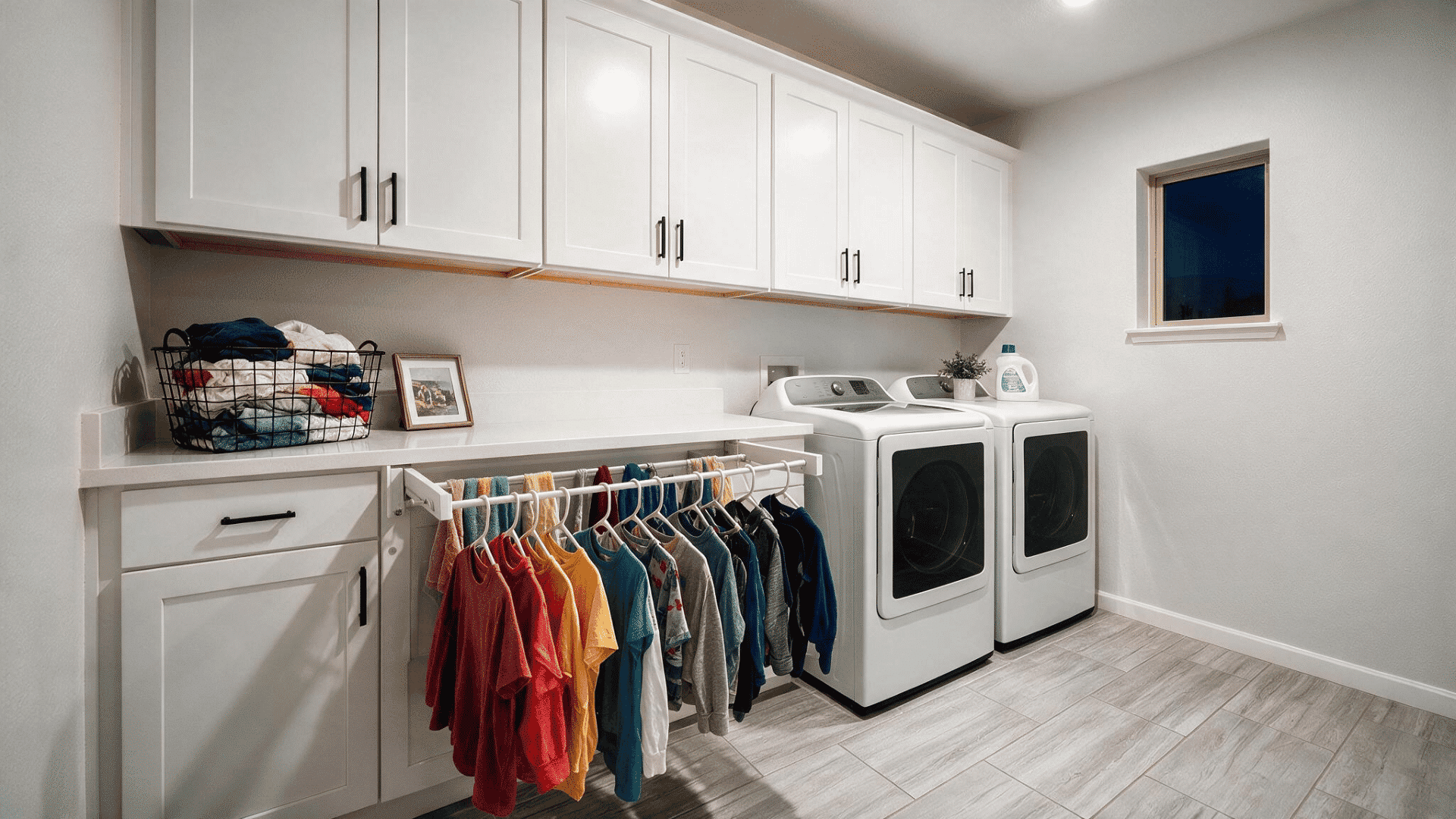 bright laundry room with washer, dryer, white cabinets, and wall-mounted clothes drying rack