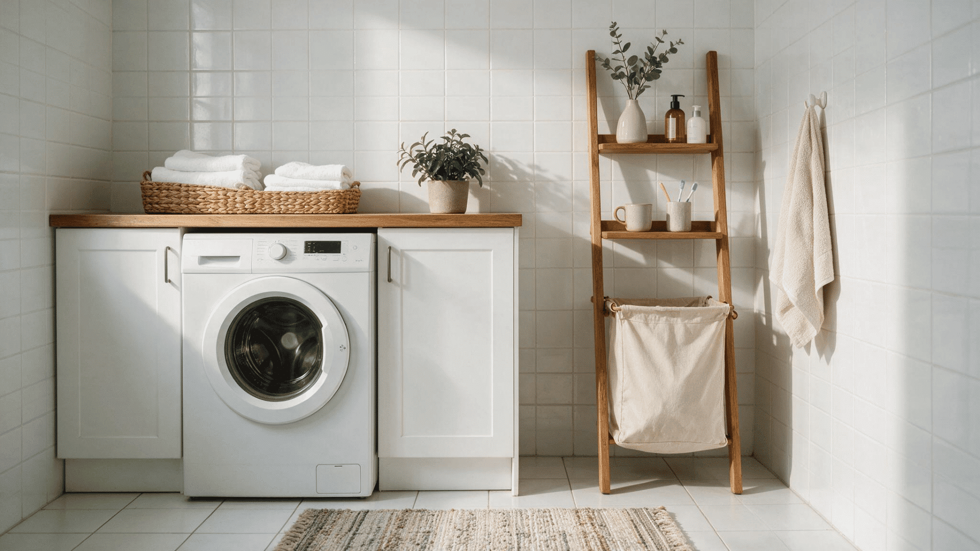 bright laundry room with washer, white cabinets, wooden ladder shelf, and storage baskets