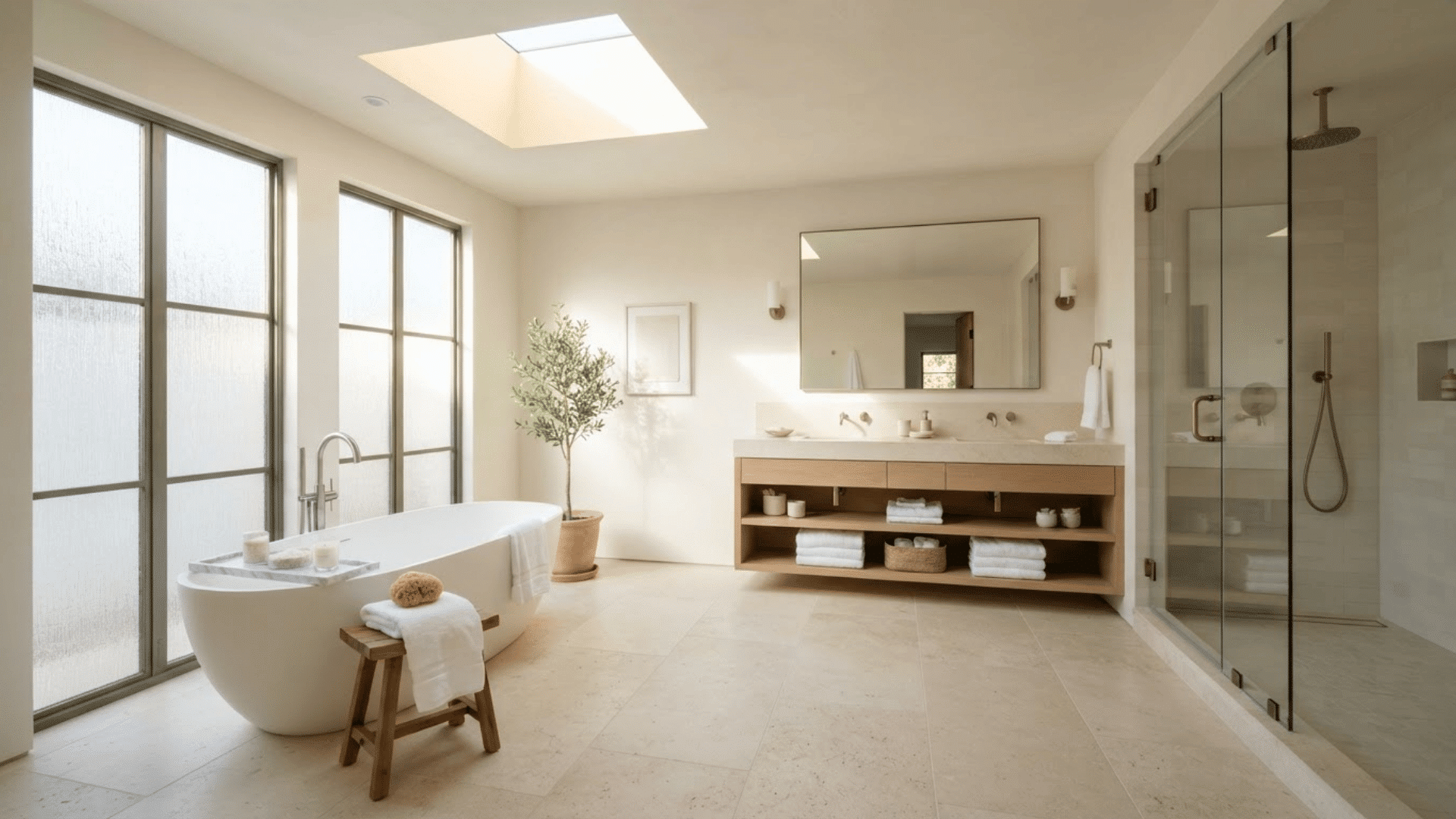 bright luxury bathroom with skylight, large windows, freestanding tub, and wood vanity
