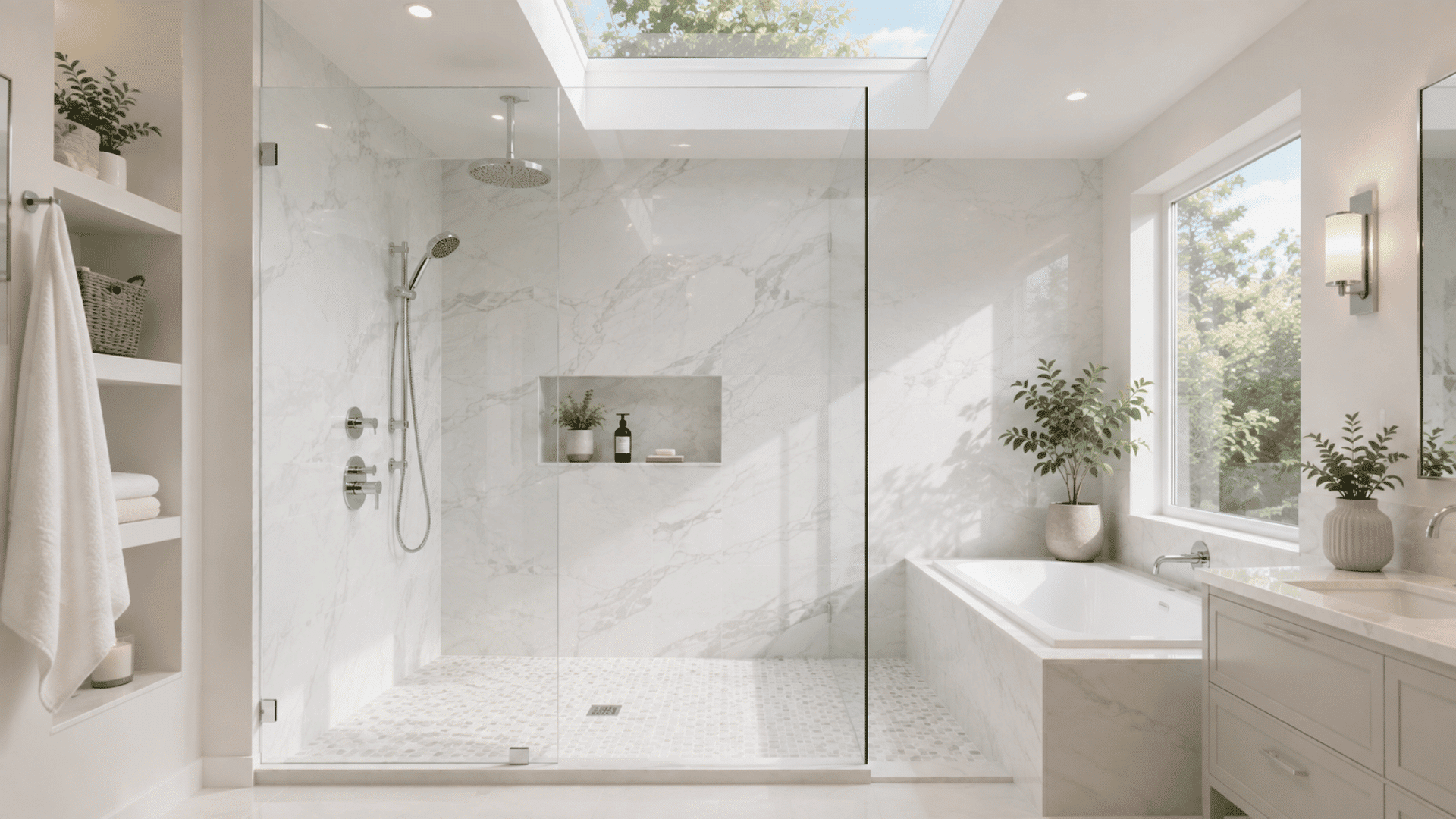 bright marble-look shower with skylight, glass panel, and built-in niche