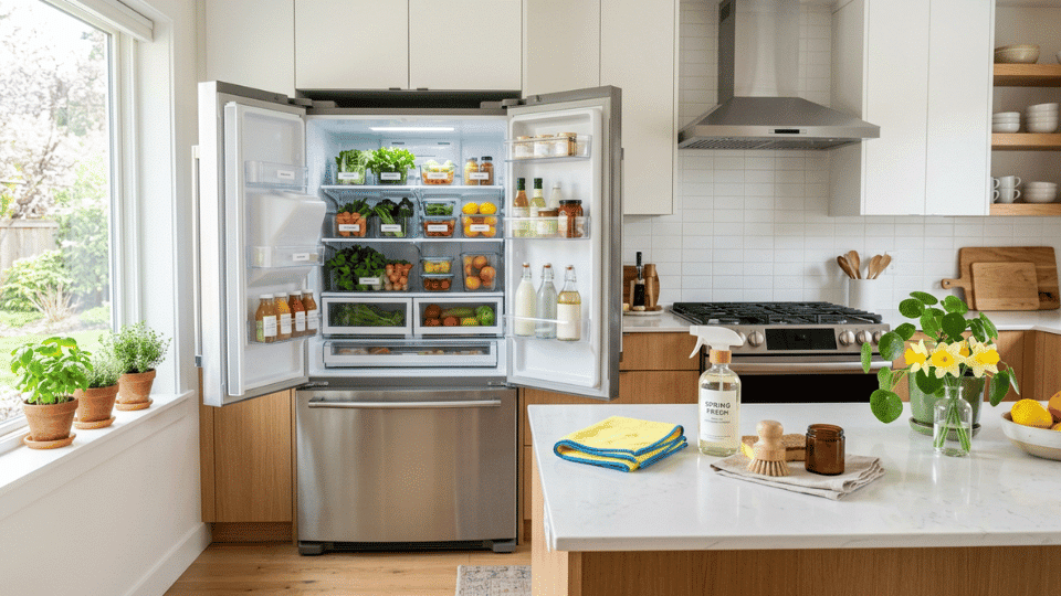 Bright modern kitchen with organized refrigerator, clean cabinets, oven, and natural spring cleaning supplies