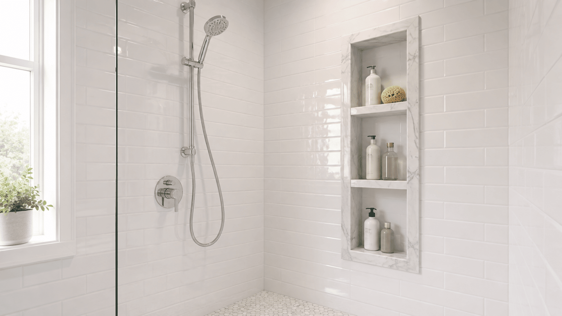 bright white subway tile shower with recessed niche and chrome fixtures
