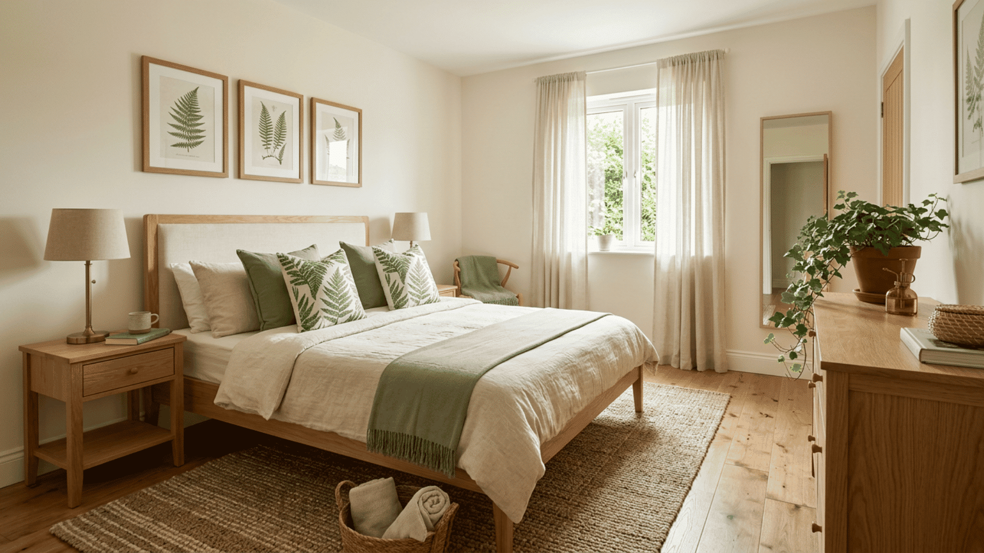 Guest bedroom with fern artwork, leaf-print pillows, and a small plant
