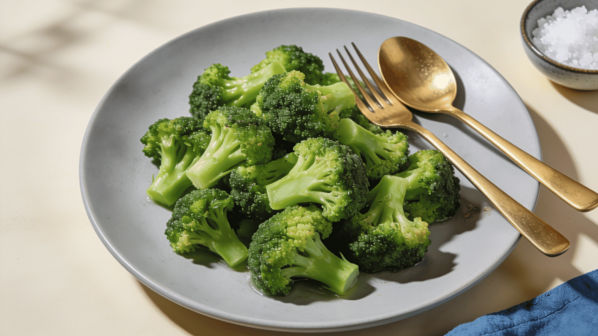 steamed broccoli florets served on a gray plate with gold cutlery