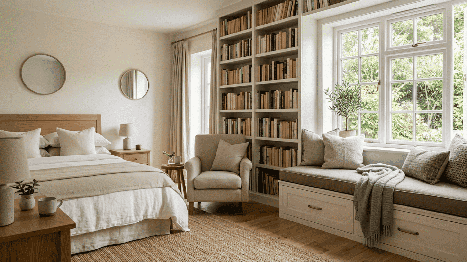 Guest bedroom with built-in shelves and a cushioned window reading nook