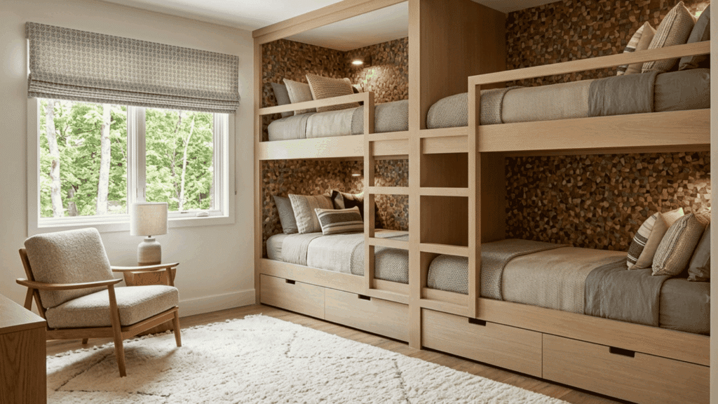 finished built in bunk beds with storage drawers in a modern bedroom