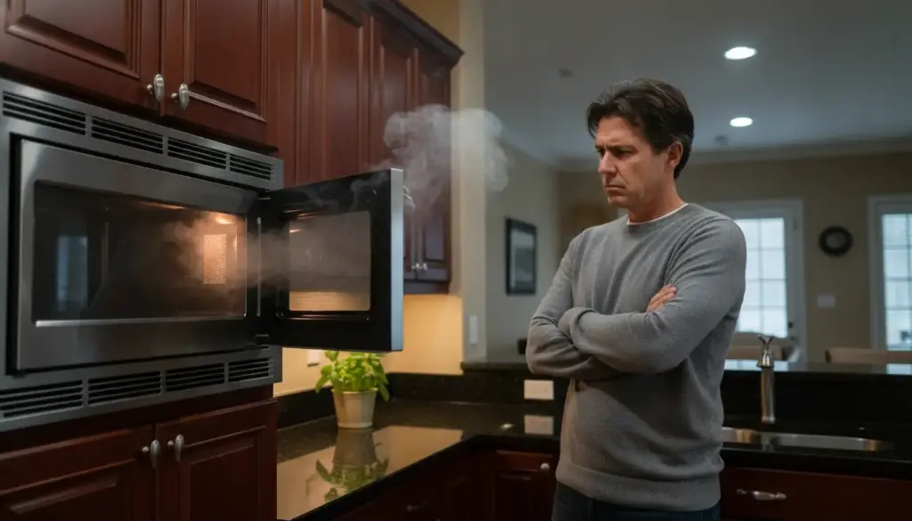 Man in gray sweater observing smoky microwave in modern kitchen