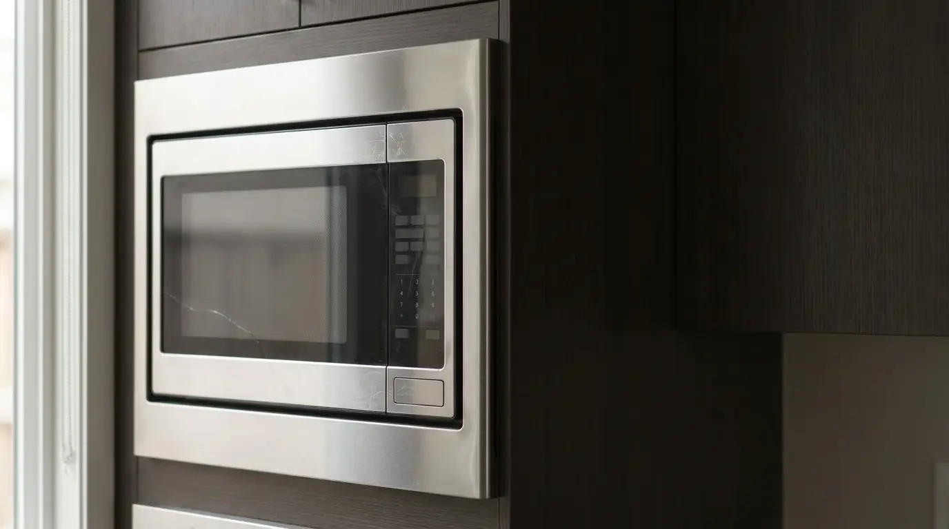 Built-in stainless steel microwave with digital control panel in modern kitchen setting