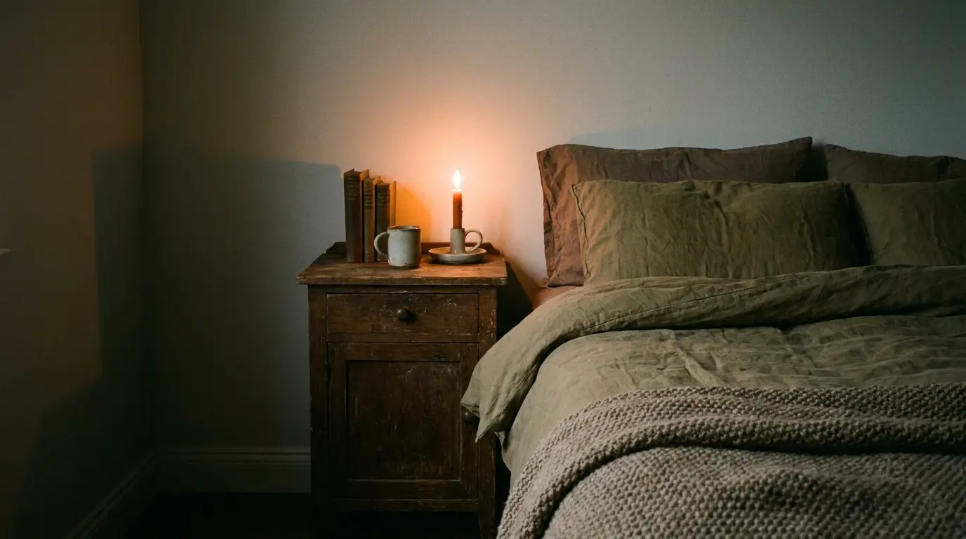 Cozy bedroom with wooden nightstand, lit candle, books, and muted green bedding
