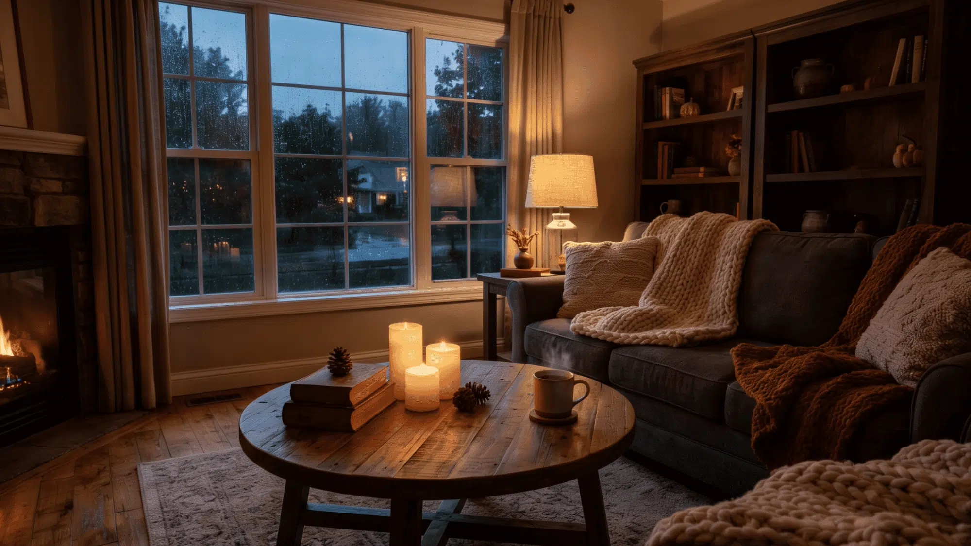 Living room with candles, flameless candles, soft blankets, warm glow, and cozy seating.