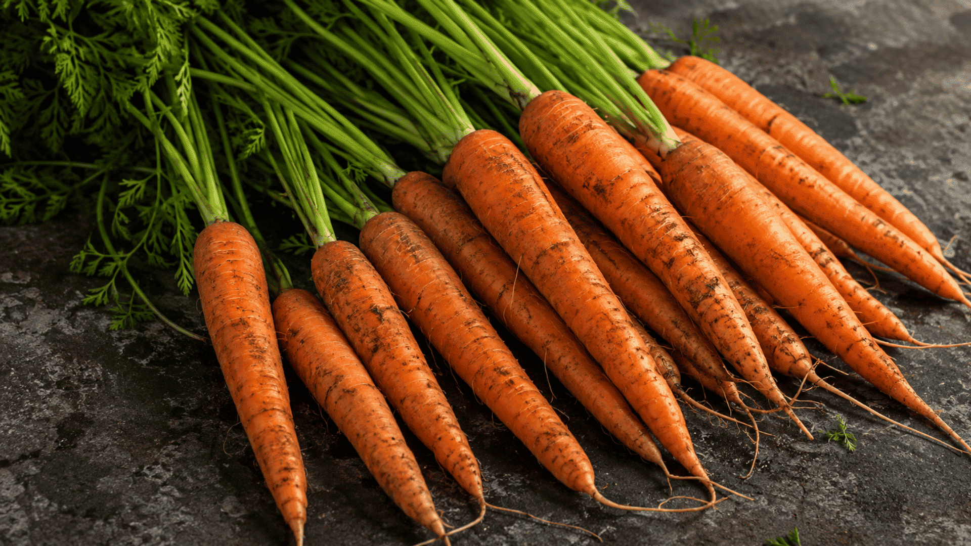 fresh carrots with green tops arranged on a dark stone surface