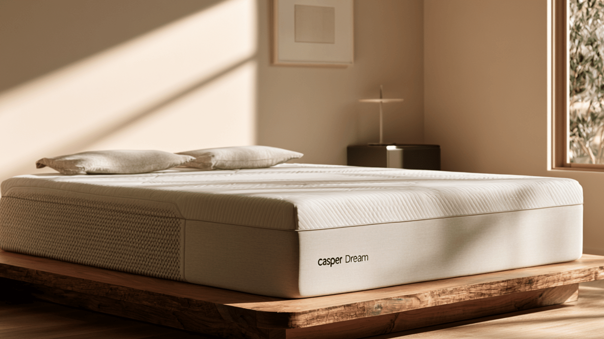 casper dream mattress on wooden platform bed in sunlit bedroom