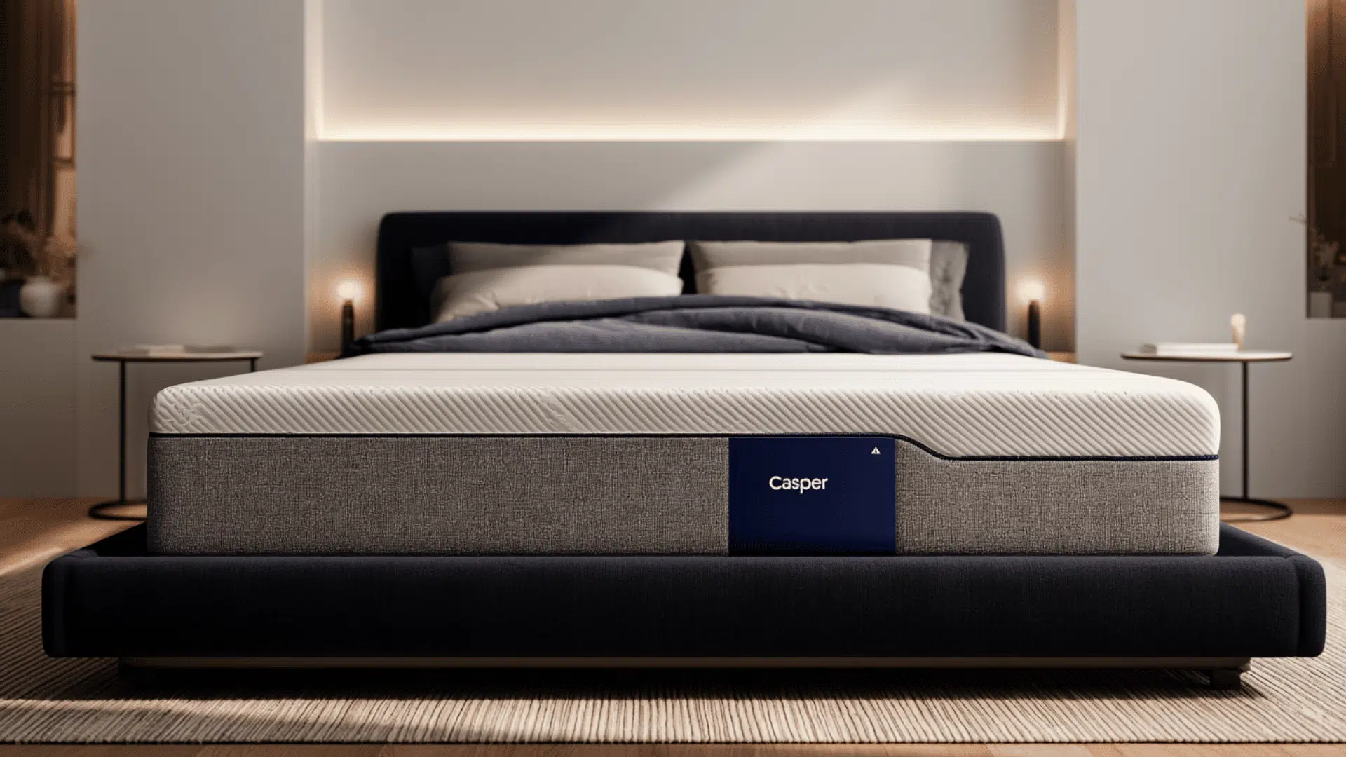 casper mattress on black bed frame in modern bedroom setting