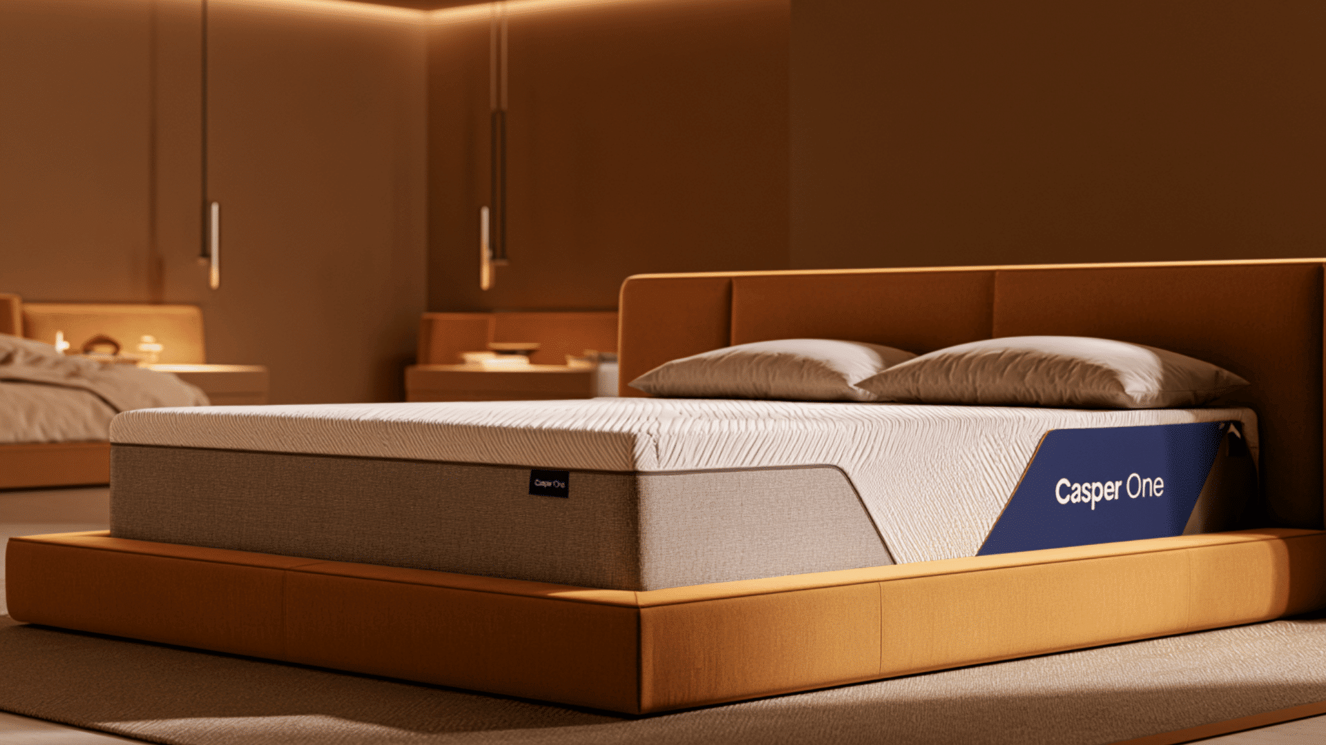 casper one mattress on bed frame in warm modern bedroom setting