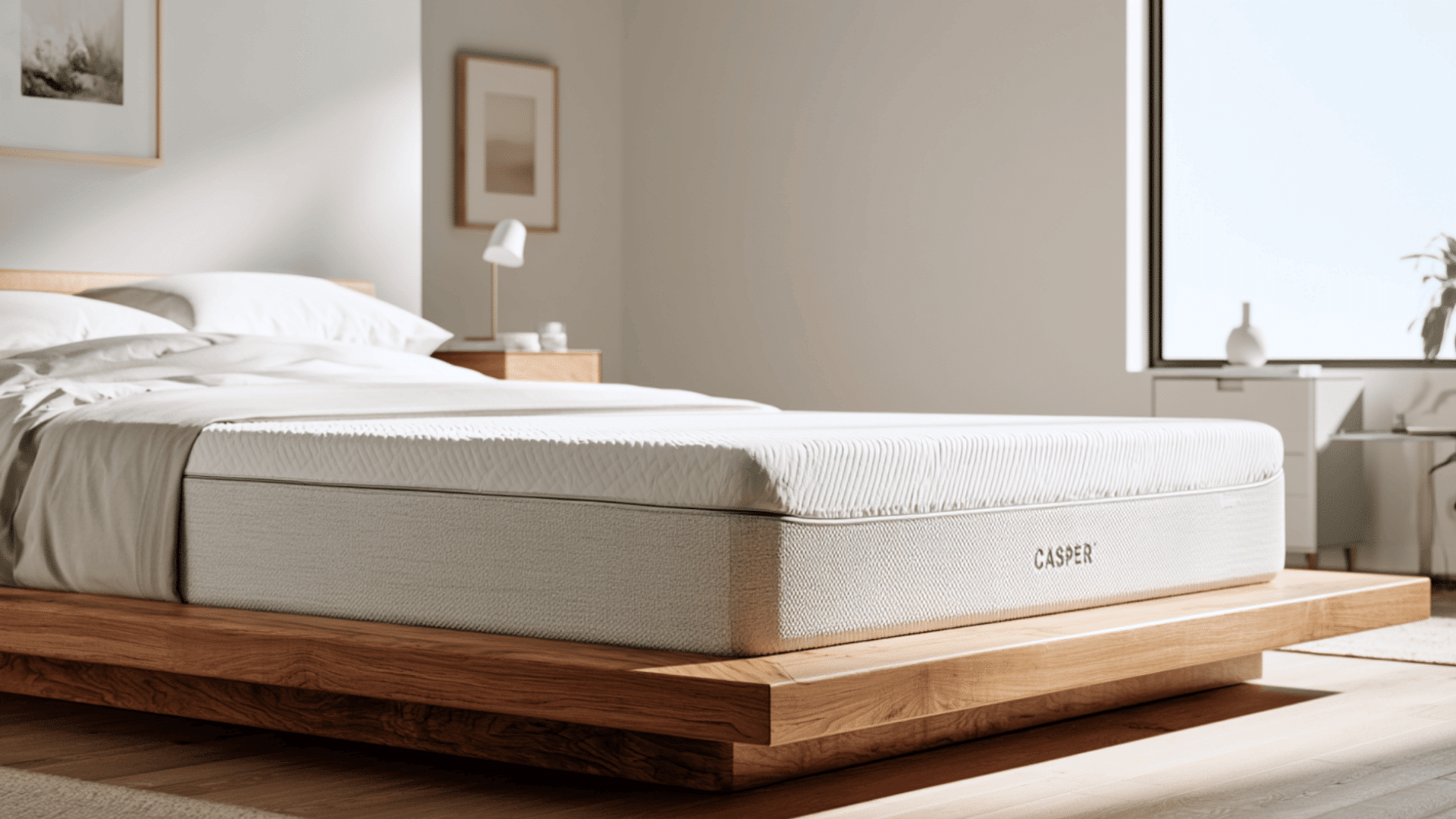 casper original mattress on wooden platform bed in bright bedroom