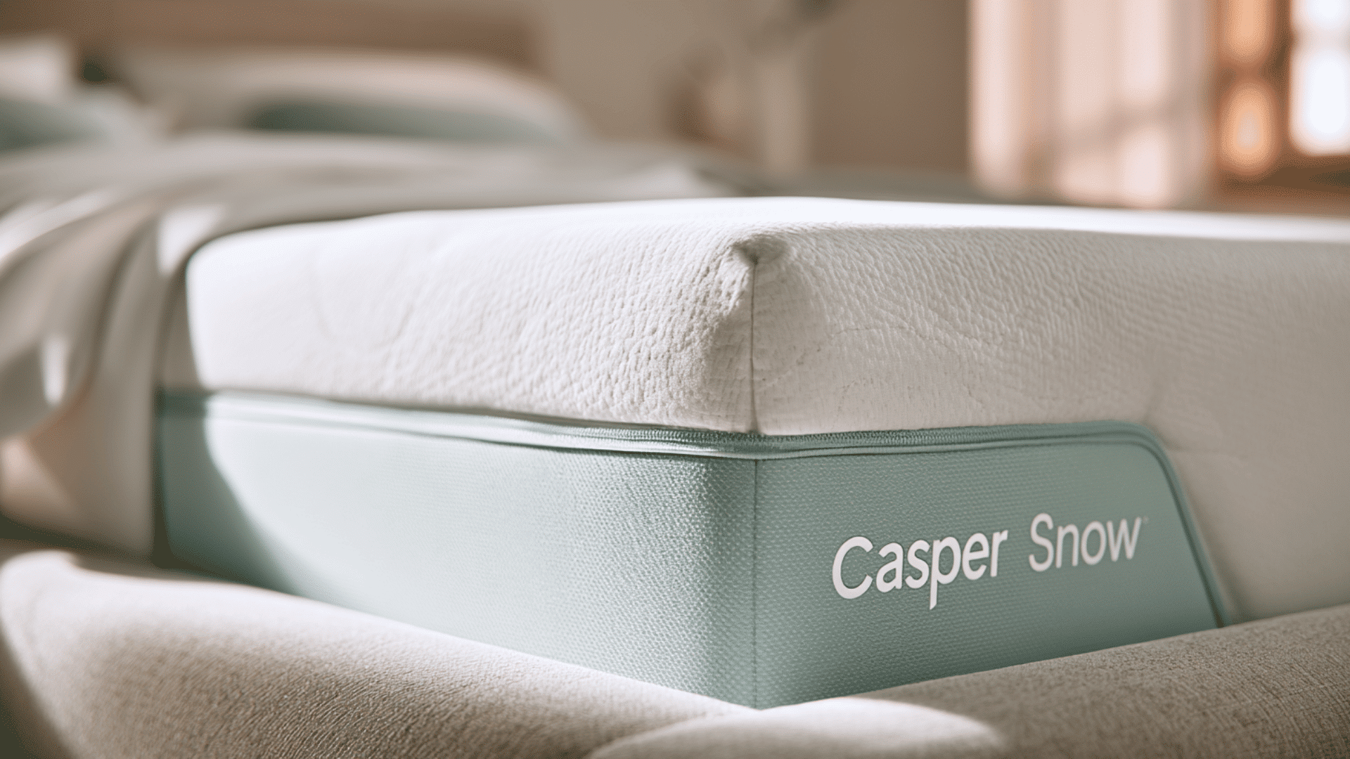 casper snow mattress close view with layered design in bedroom setting