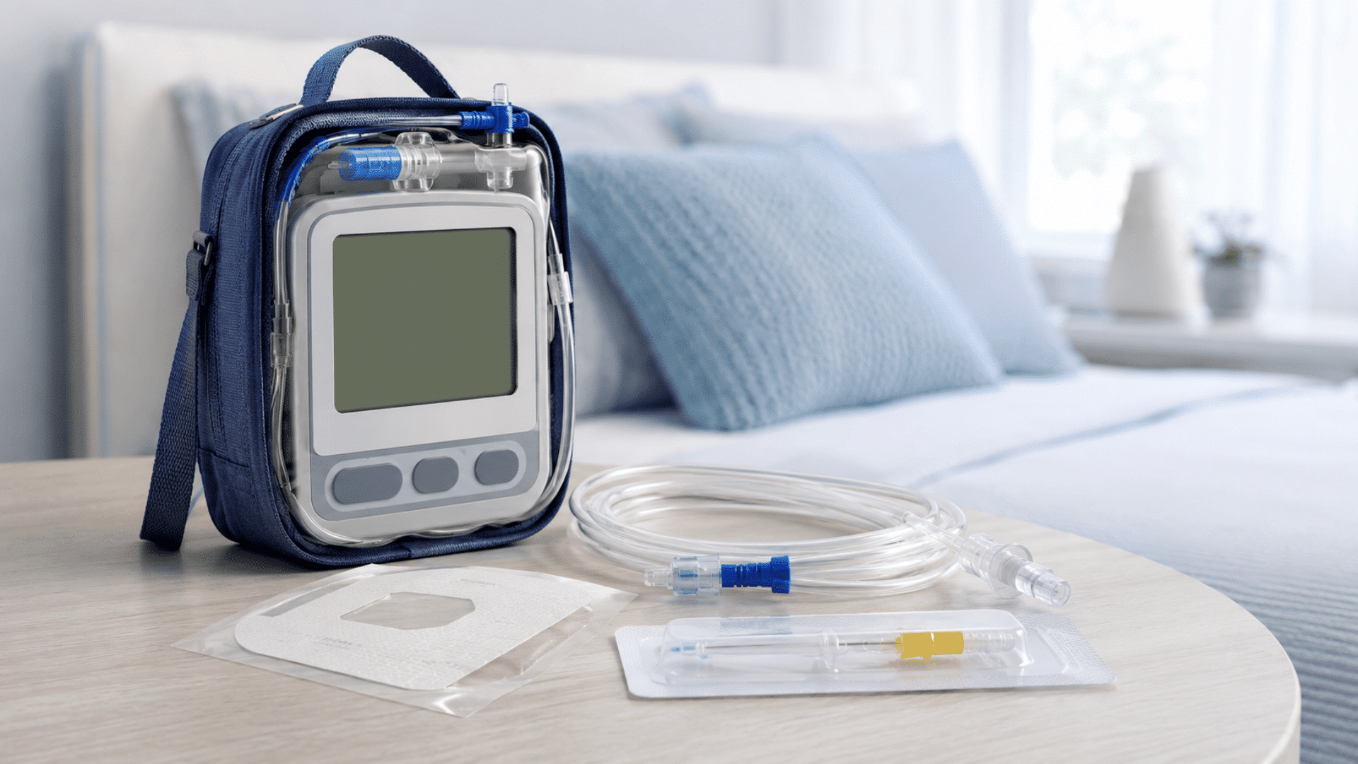 chemo pump, tubing, sterile dressing, and access needle arranged beside the bed.
