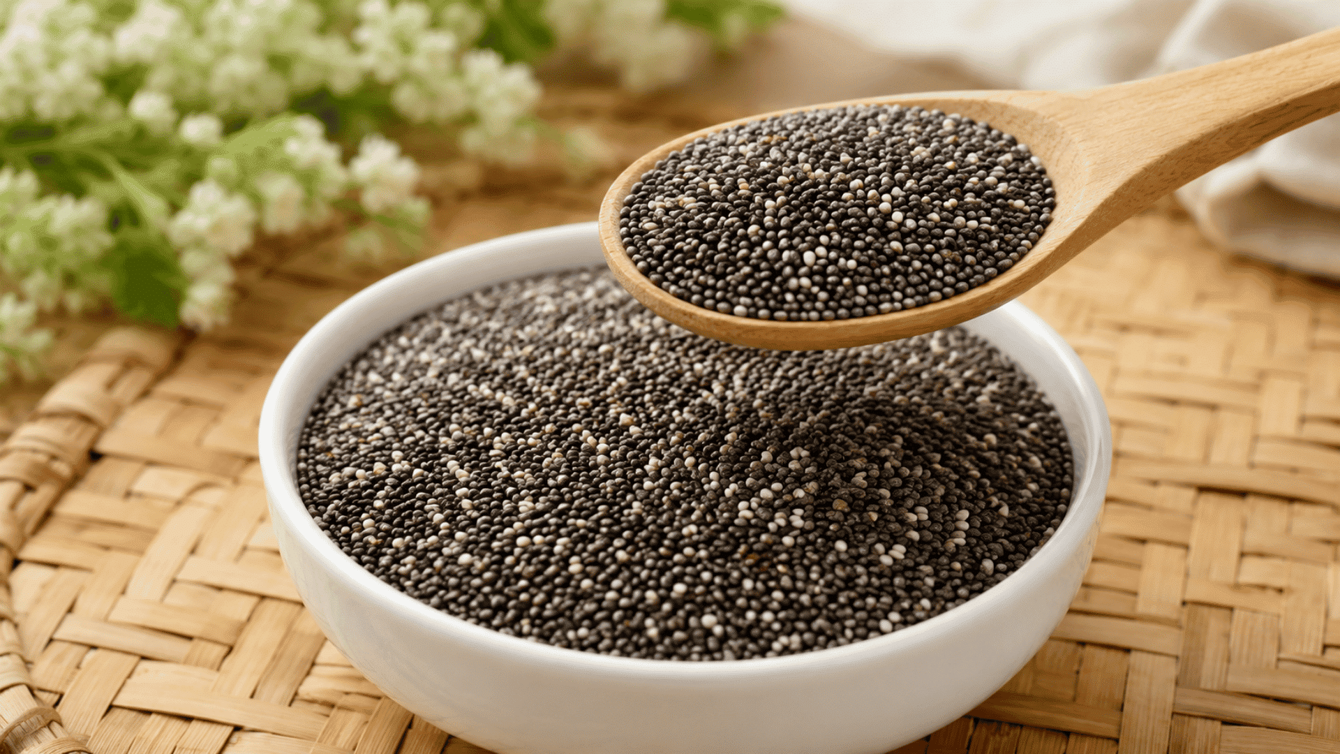 chia seeds in a white bowl with a wooden spoon on a woven mat