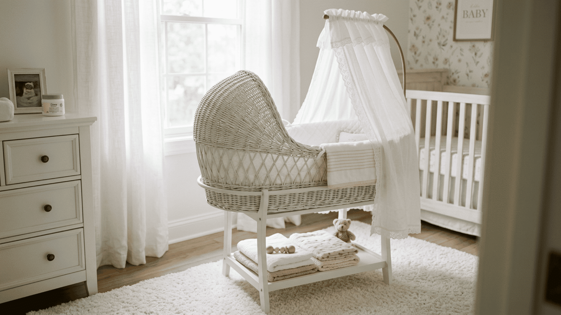 white bassinet with canopy in a bright nursery room setup
