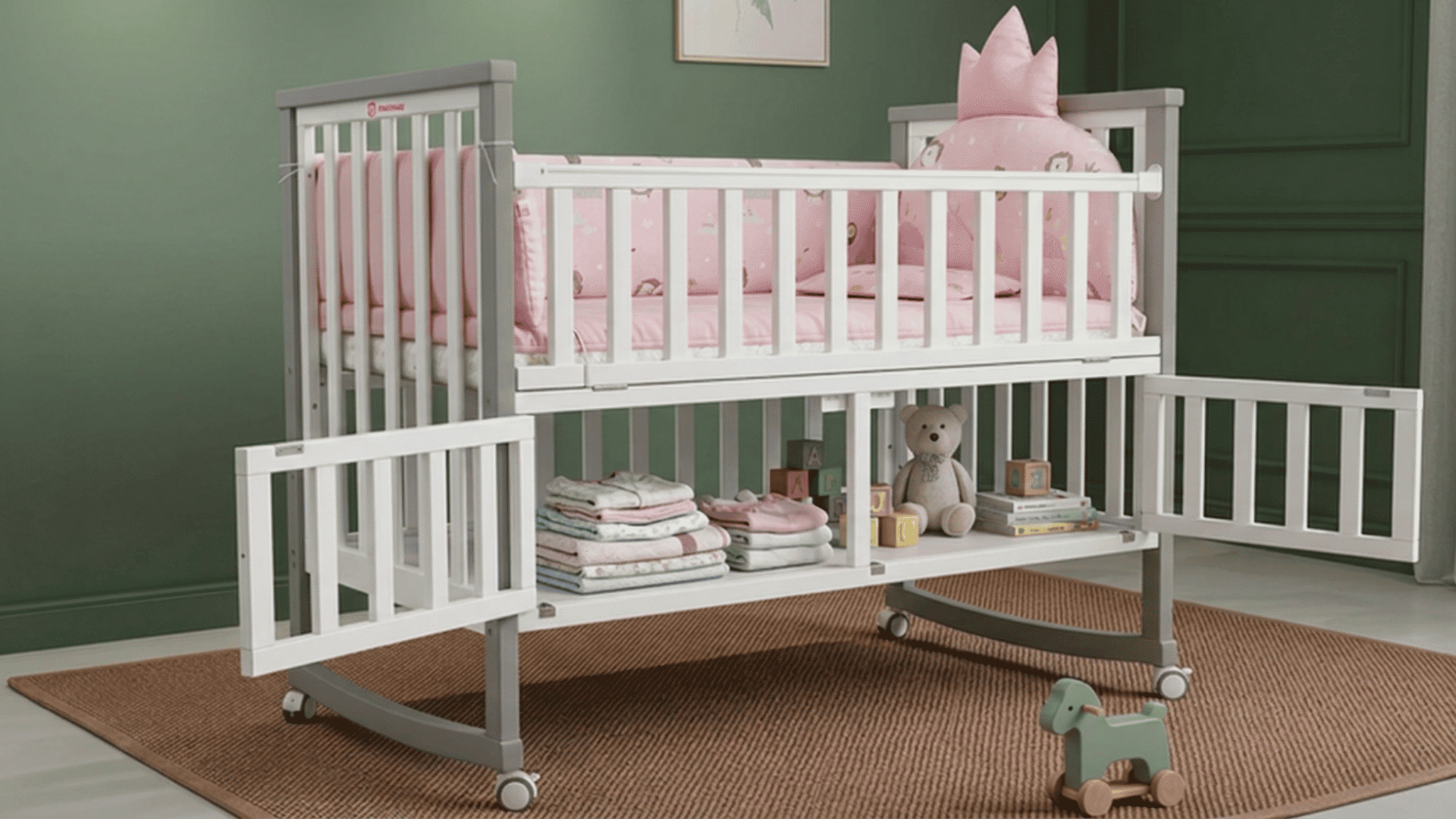 white crib in a baby room with storage shelf and nursery furniture