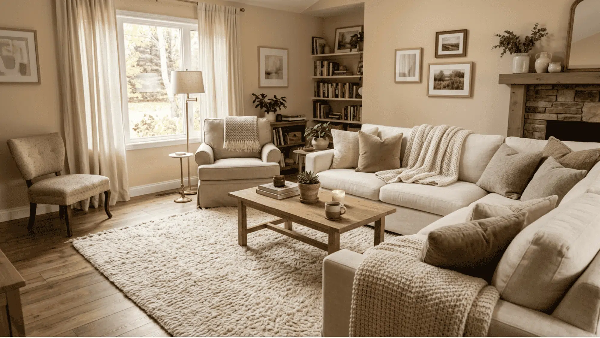 Cozy living room with plush area rug, soft seating, coffee table, and warm neutral decor.