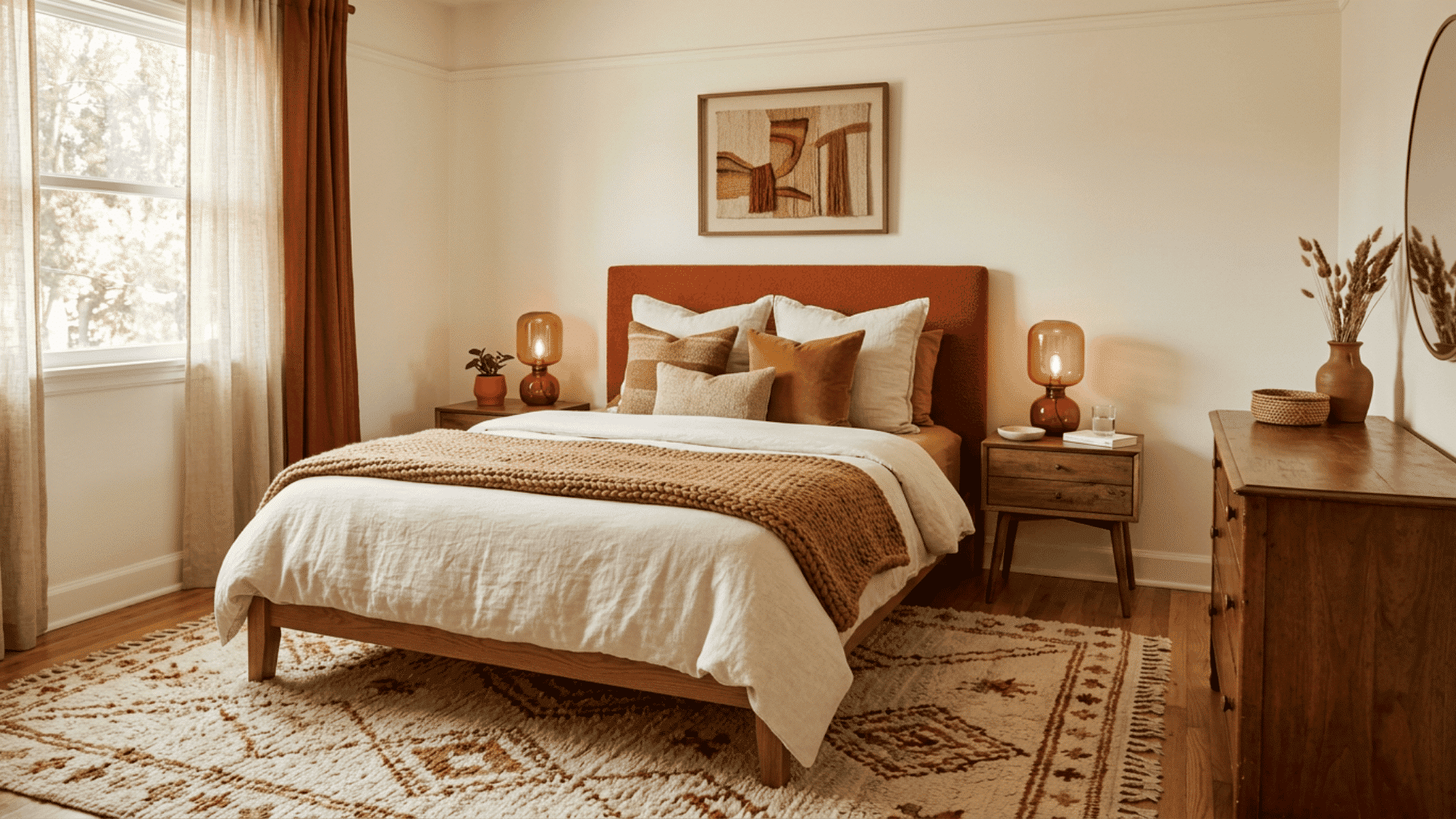 Guest bedroom with caramel bedding, warm lamps, and a soft wool rug