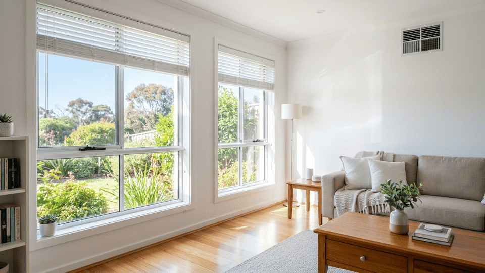 Clean home interior with spotless windows, dust-free blinds, vents, and refreshed overlooked areas