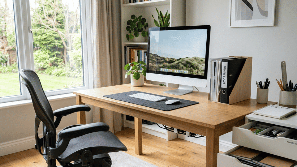 Clean home office with organized desk, computer setup, documents, and managed cables after spring cleaning