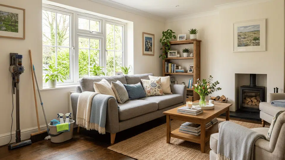 Clean living room with organized cushions, dust-free shelves, and refreshed home décor after spring cleaning