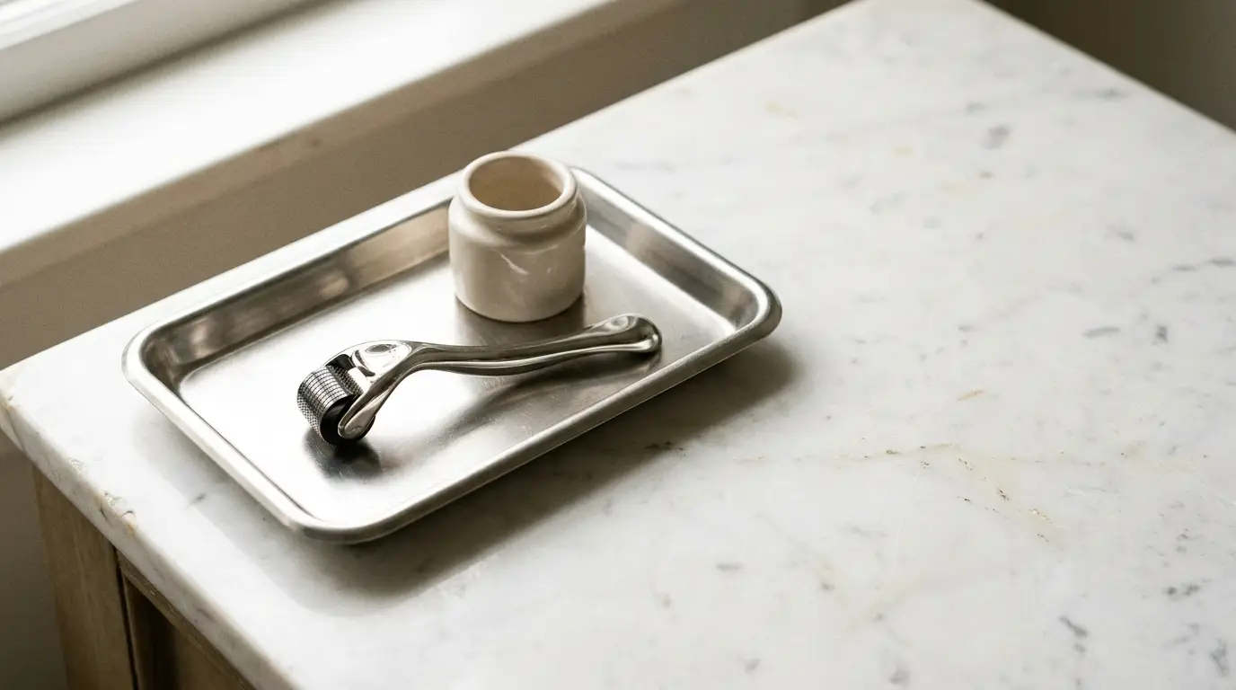 Derma roller and small ceramic pot on a stainless steel tray in bright, minimal bathroom