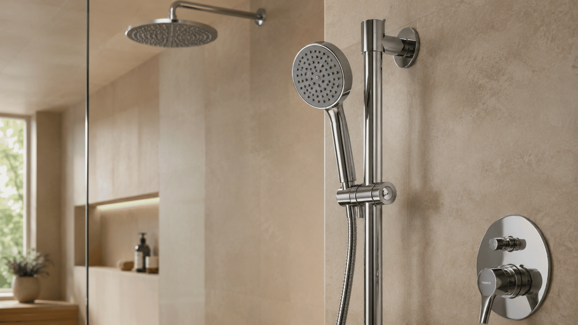 close-up handheld shower sprayer with chrome controls and rainfall head