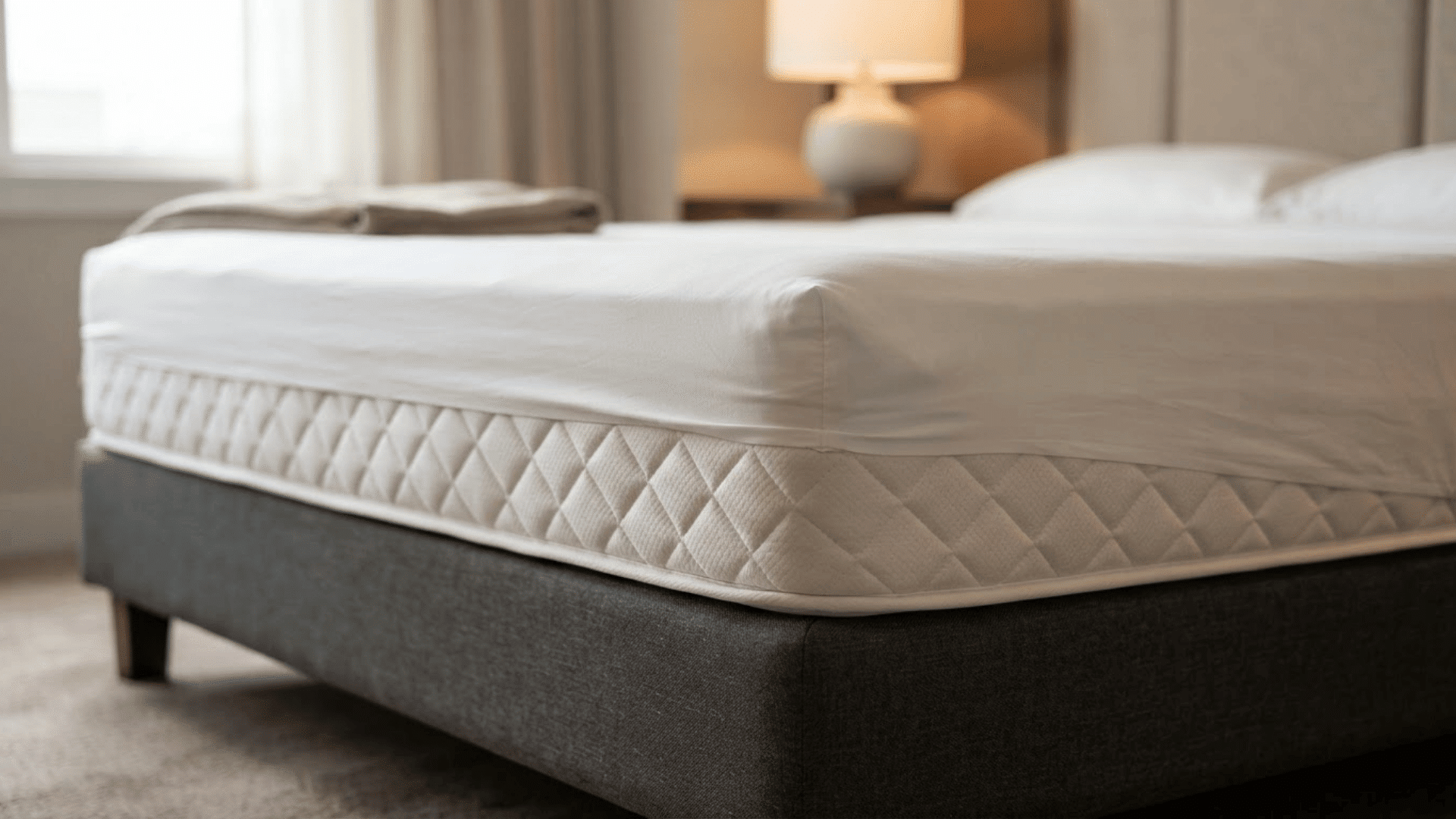 close-up of a hotel mattress with fitted sheet on a sturdy upholstered bed base