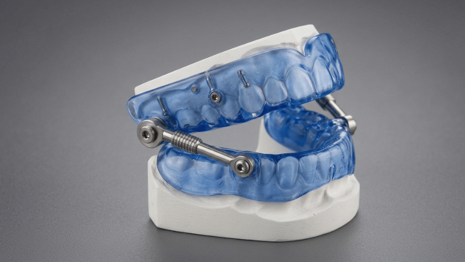 Close-up studio shot of a translucent blue dental sleep apnea device mounted on white dental cast models against a gray background.