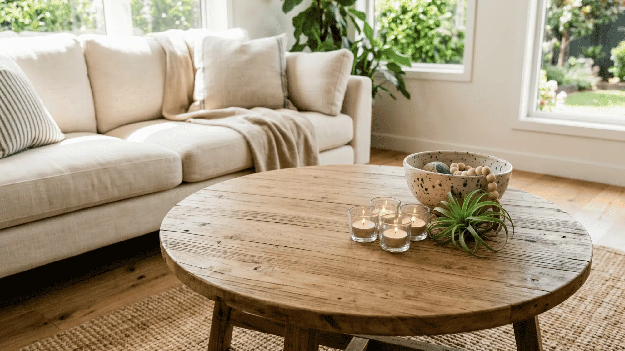 Cozy coffee table styled with candles, books, tray, plant, and ceramic bowl.