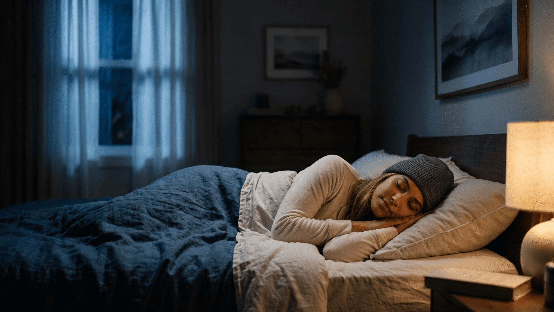 woman practising cognitive shuffling while lying in bed at night