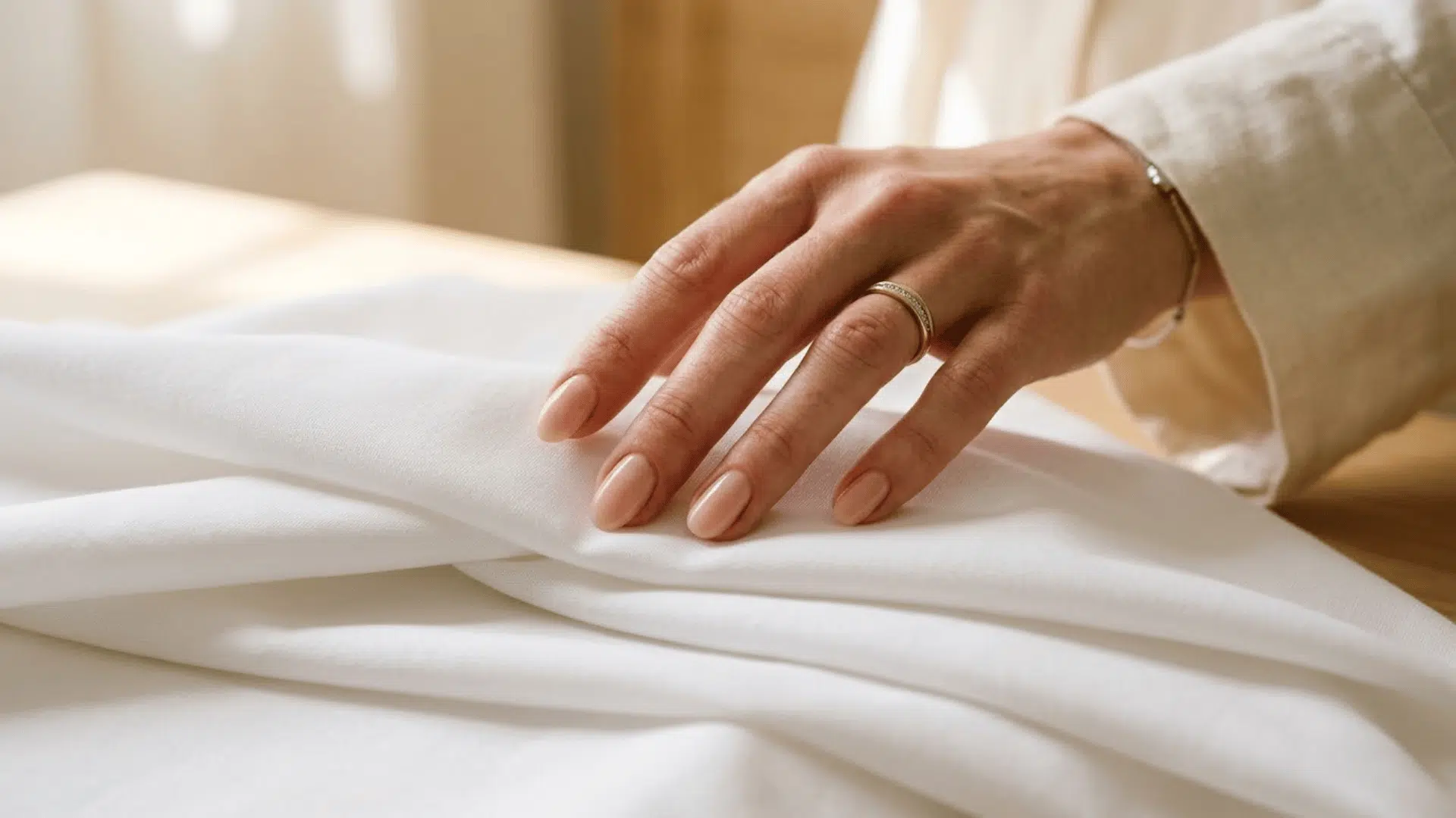 woman's hand gently feeling the smooth texture of combed cotton fabric