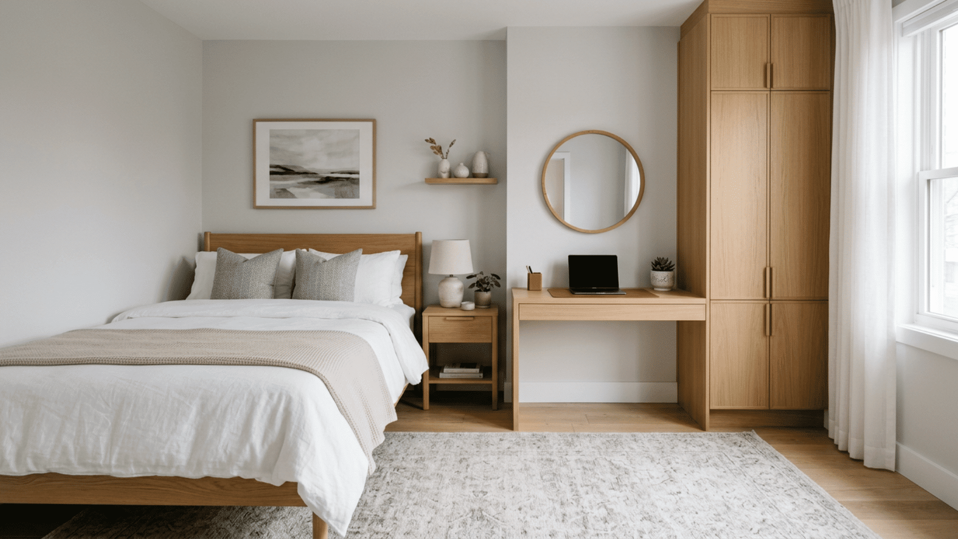 Guest bedroom with a compact desk, closed storage, and a full bed