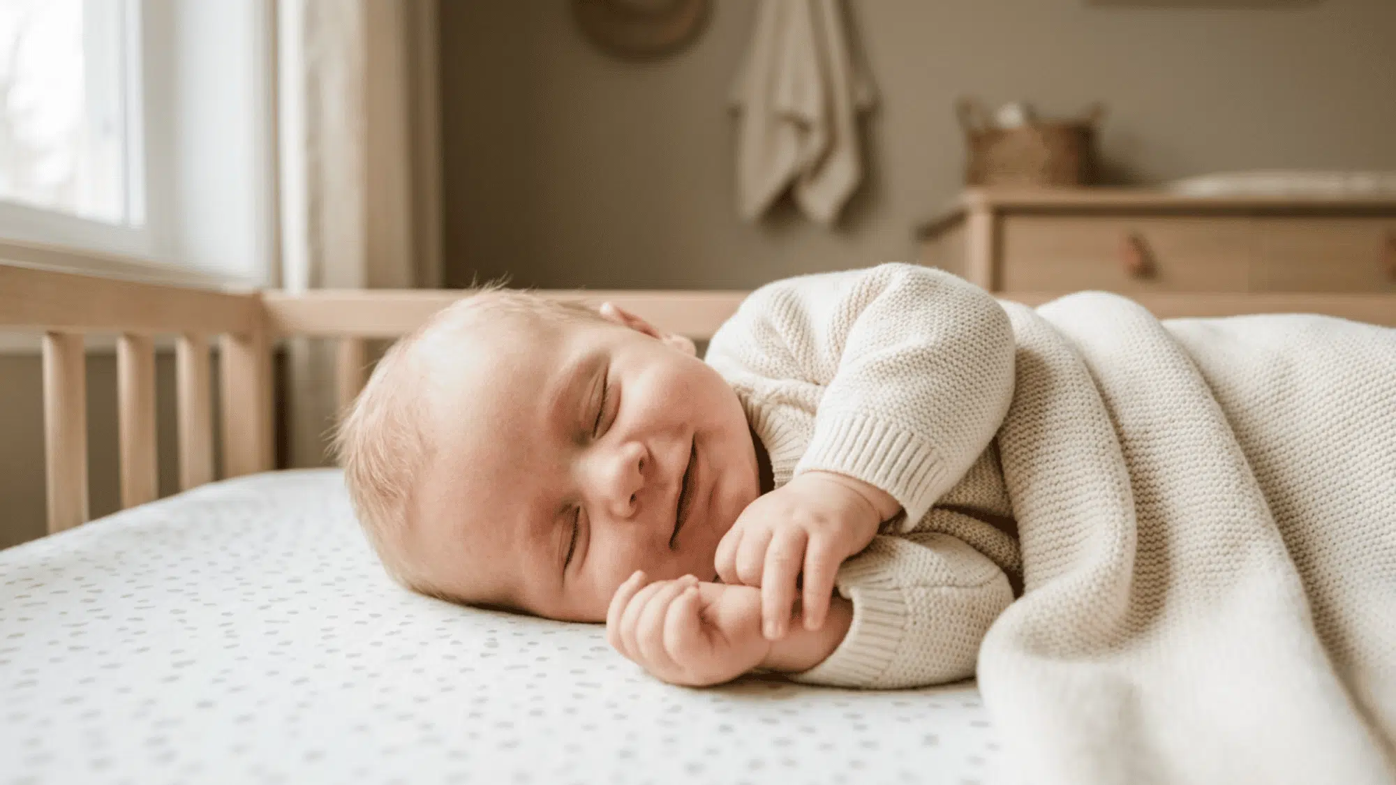 Close-up of a smiling sleeping baby resting peacefully in a crib with soft natural nursery lighting