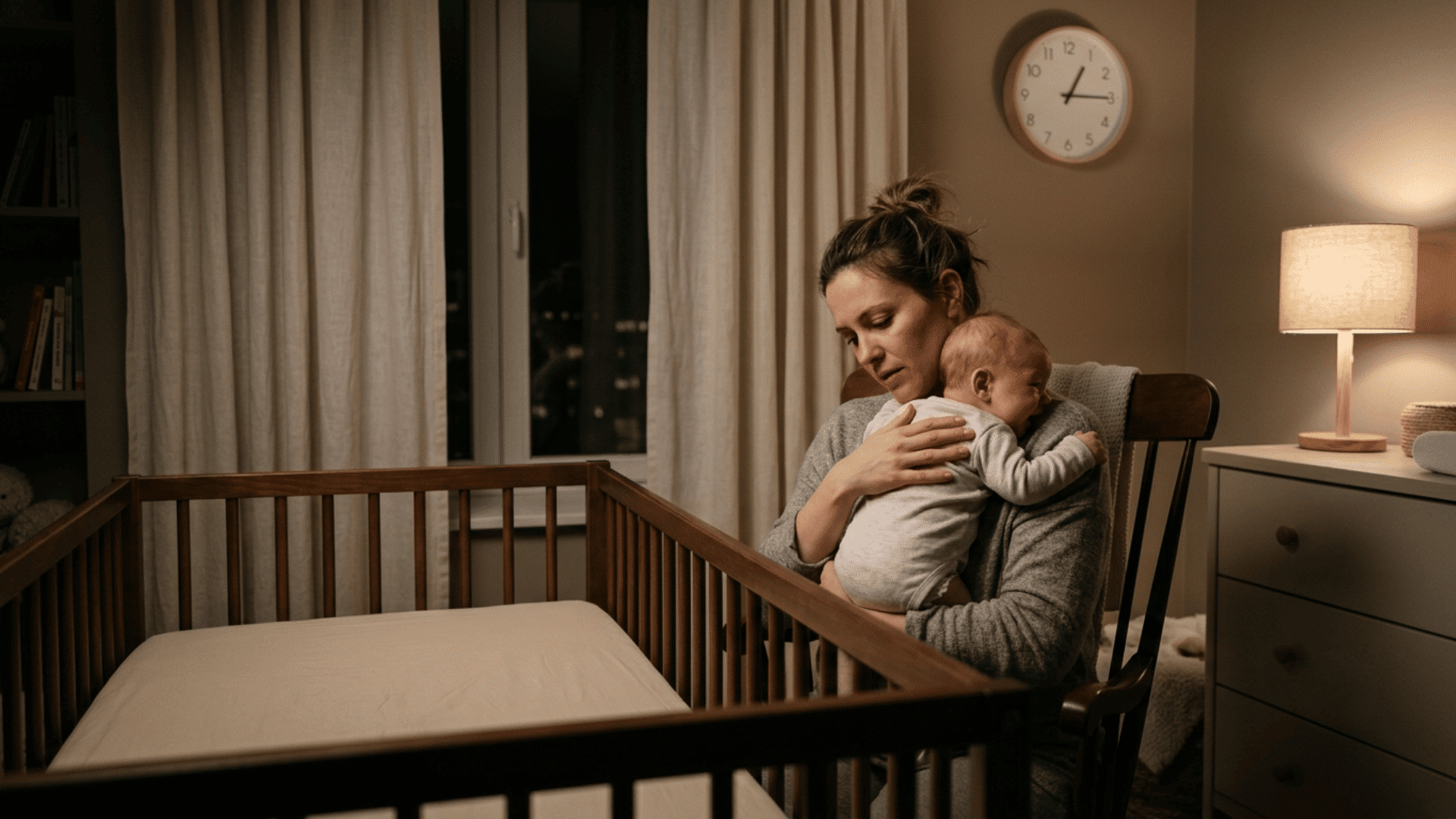 Tired mom holds her baby beside an empty crib in the softly lit nursery at night