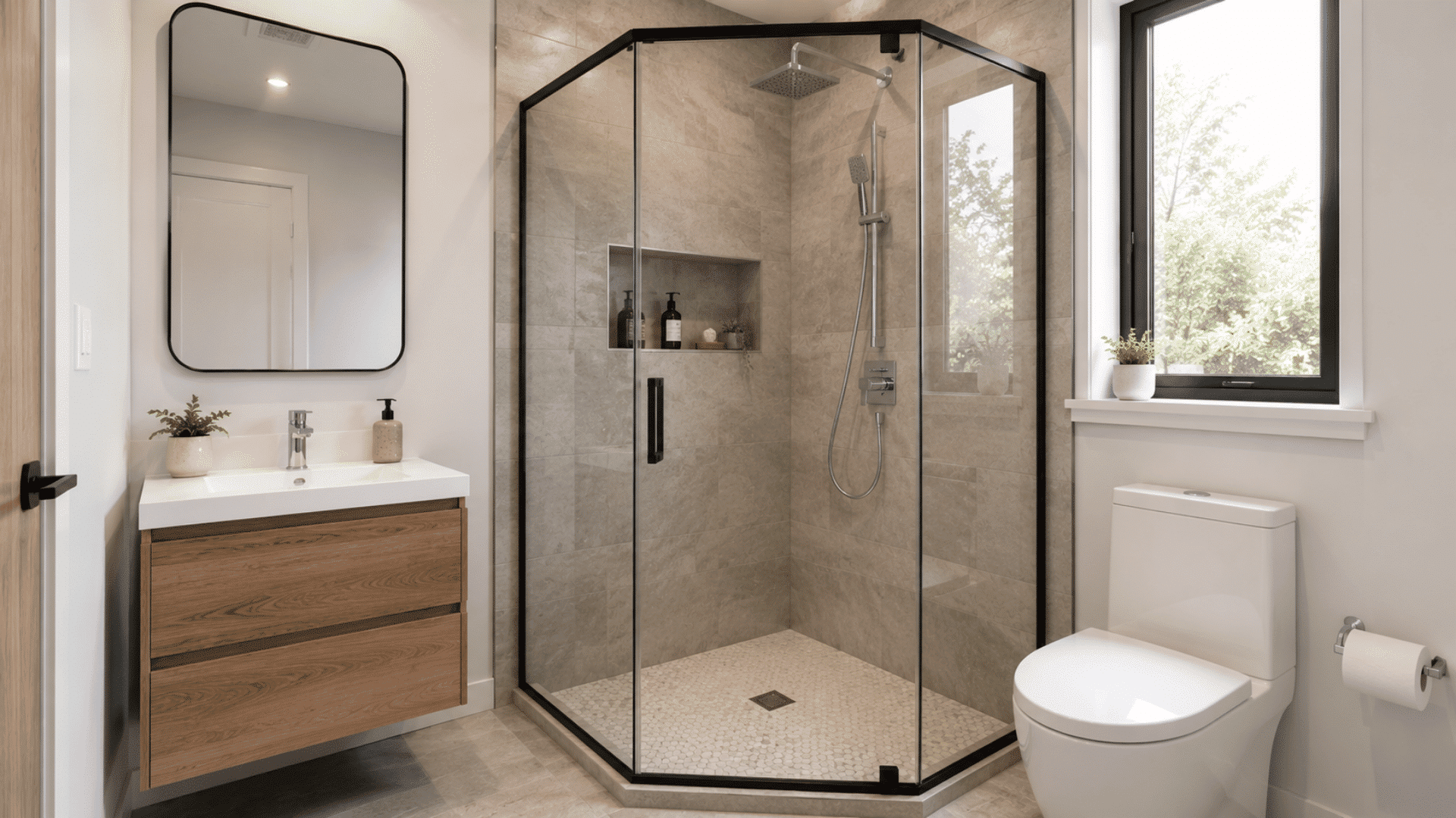 compact corner shower with black framed glass and wood vanity