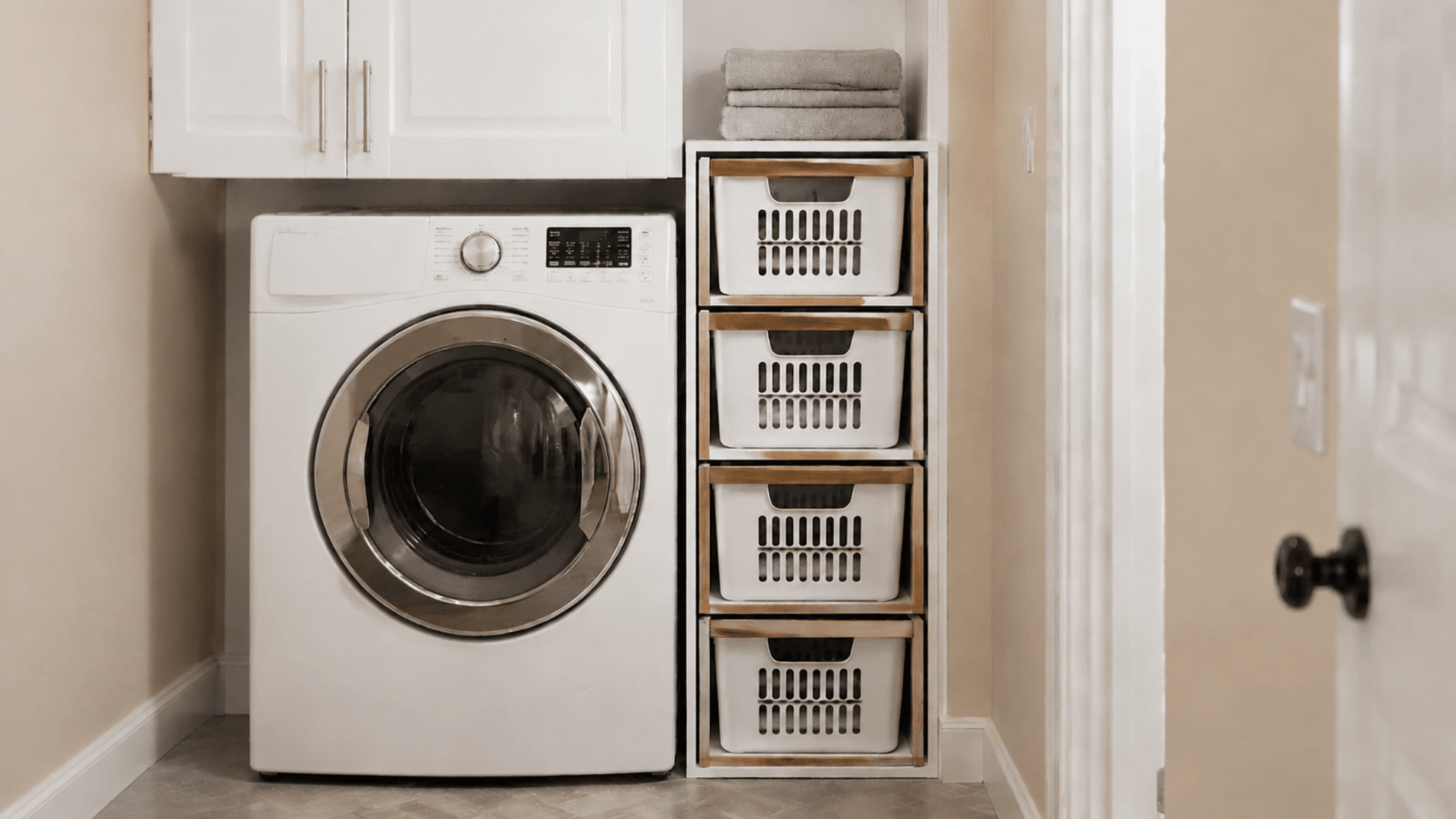 compact laundry area with front-loading dryer and stacked basket tower for organized storage