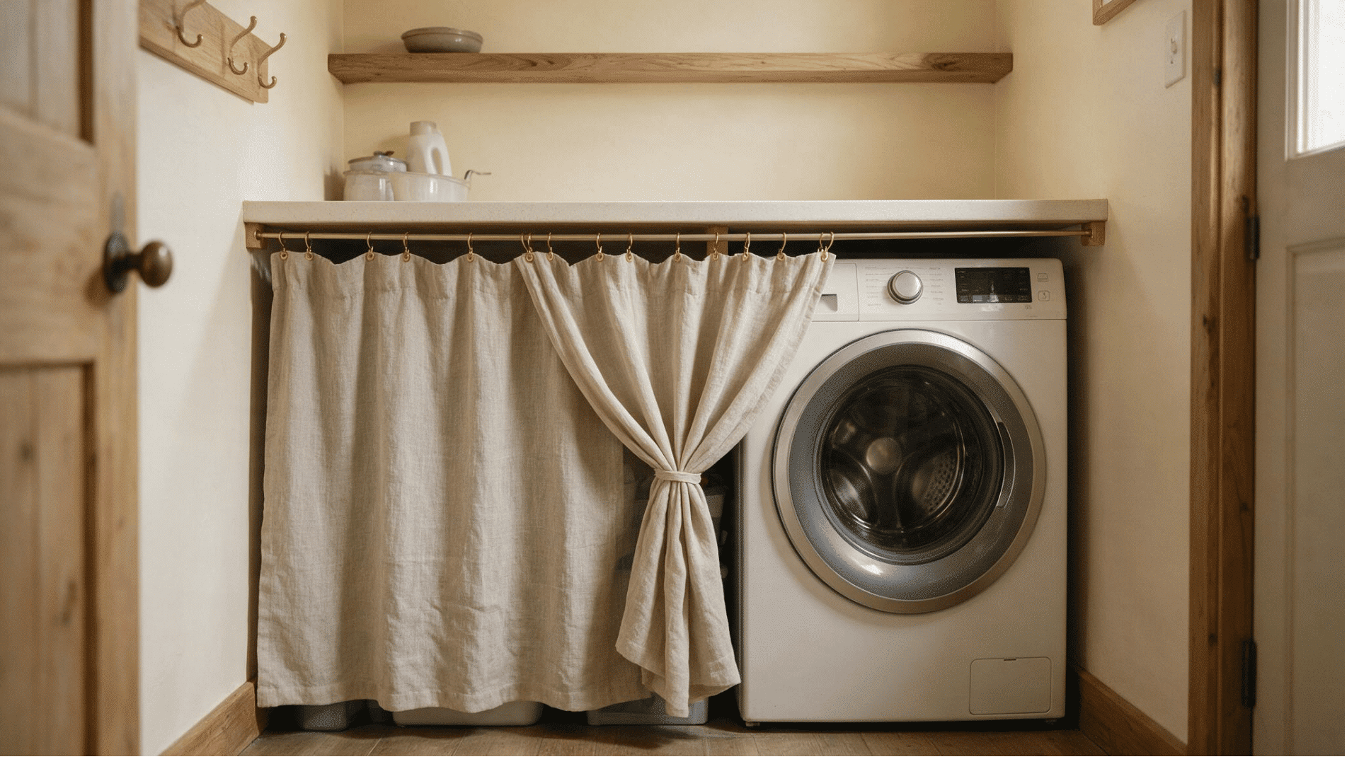 compact laundry room with front-loading washer and linen curtain concealing lower storage