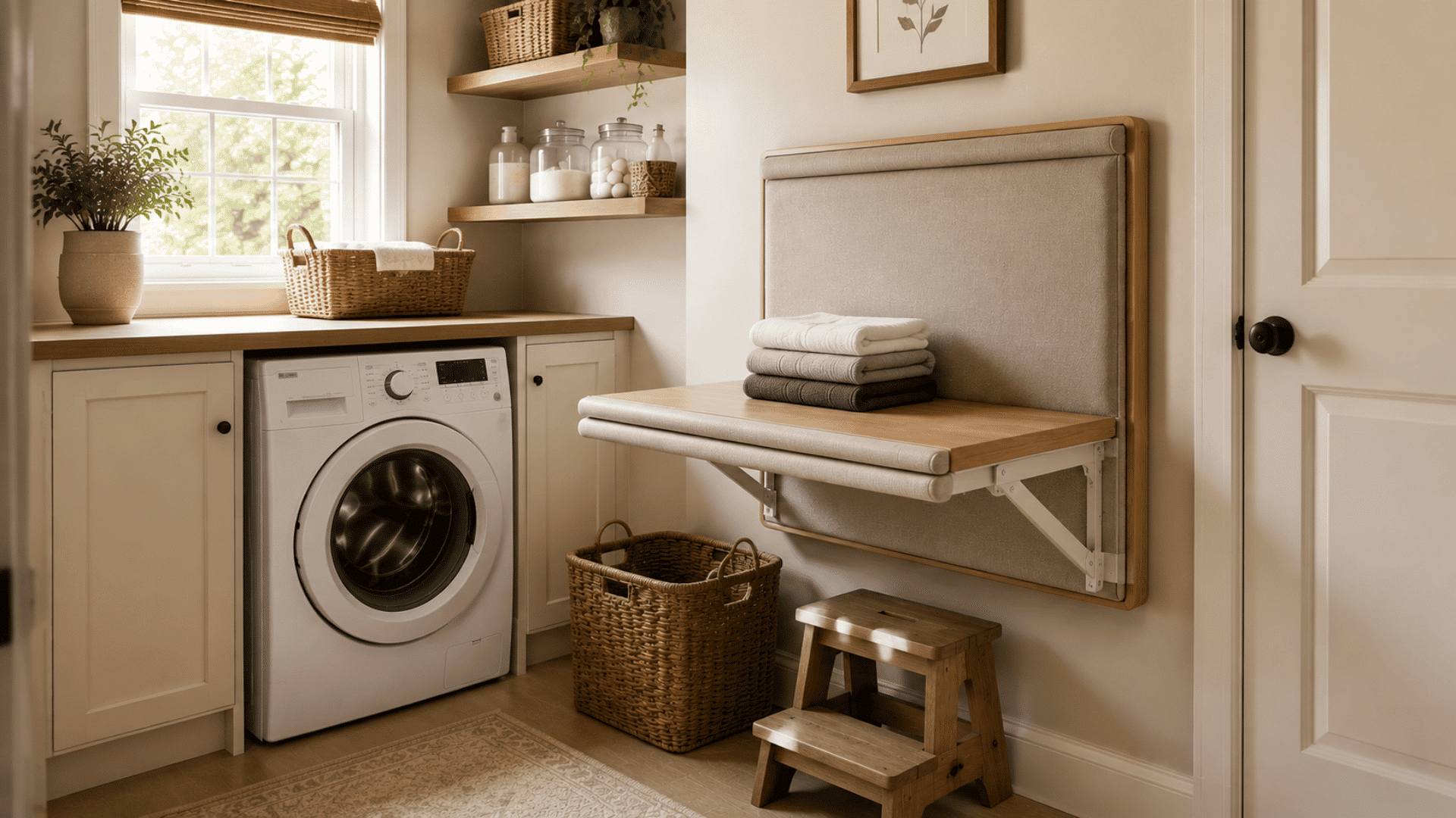 compact laundry room with front-loading washer, fold-away counter, baskets, and shelves
