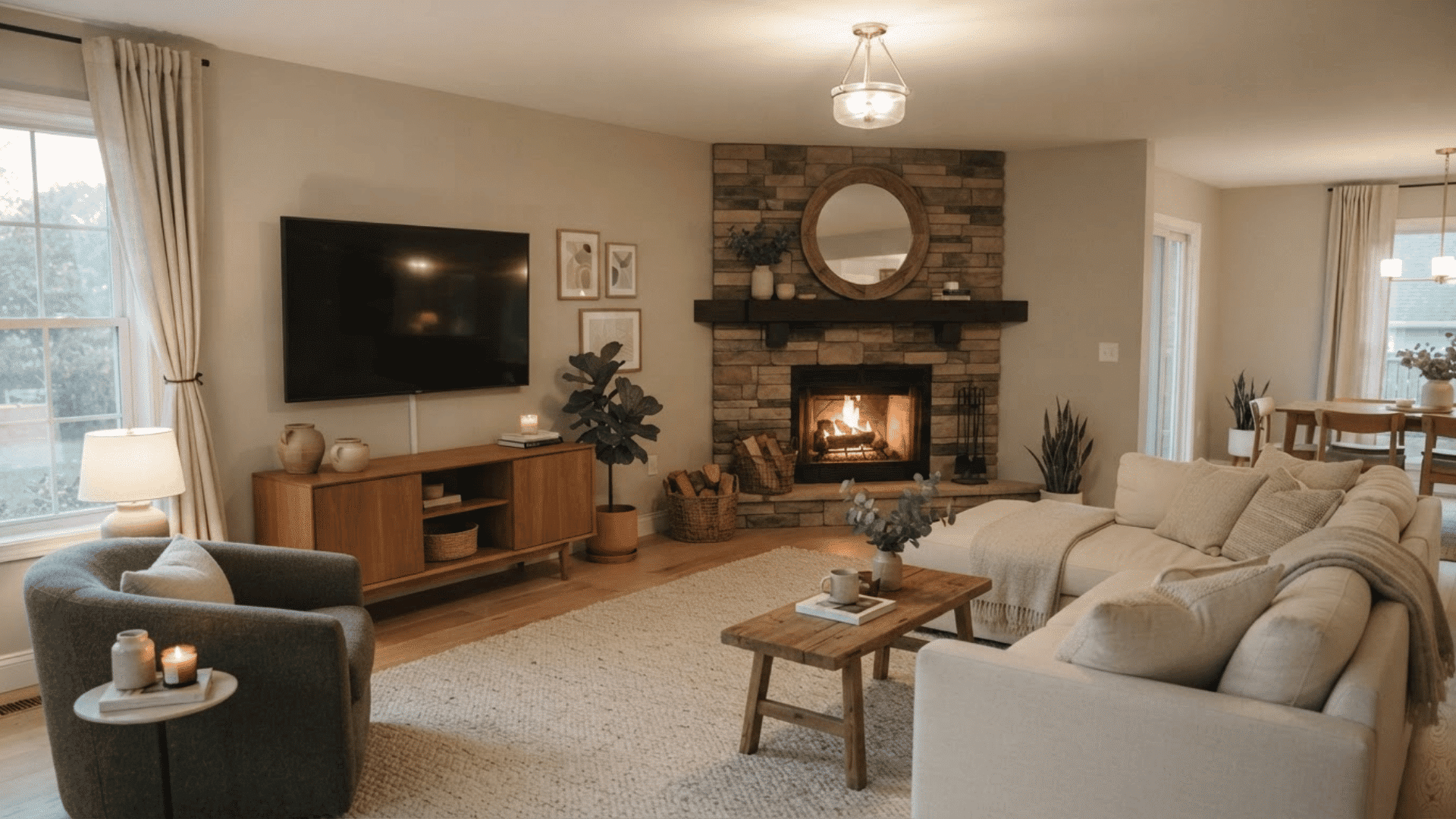 corner fireplace with nearby TV, sectional sofa, and warm neutral living room decor