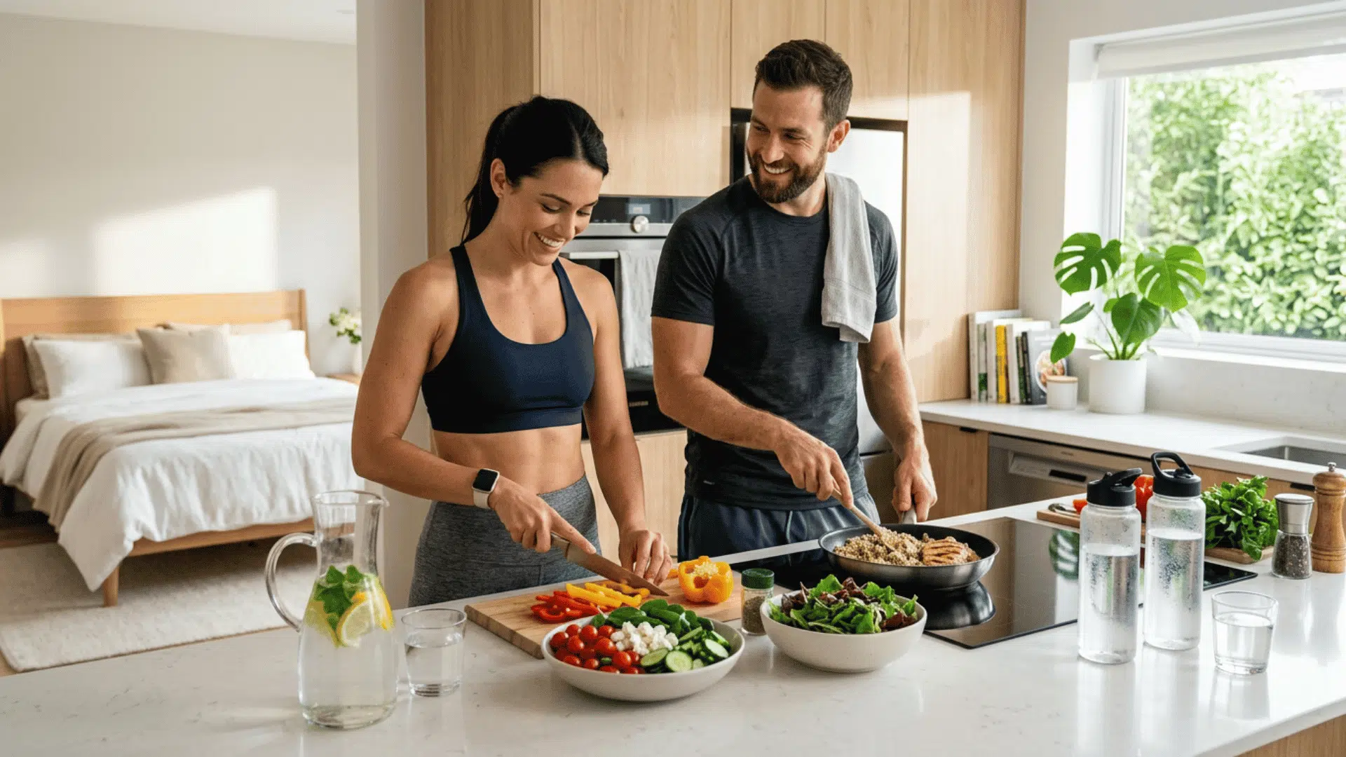 Couple preparing nutritious food at home as part of a balanced physical wellness routine.