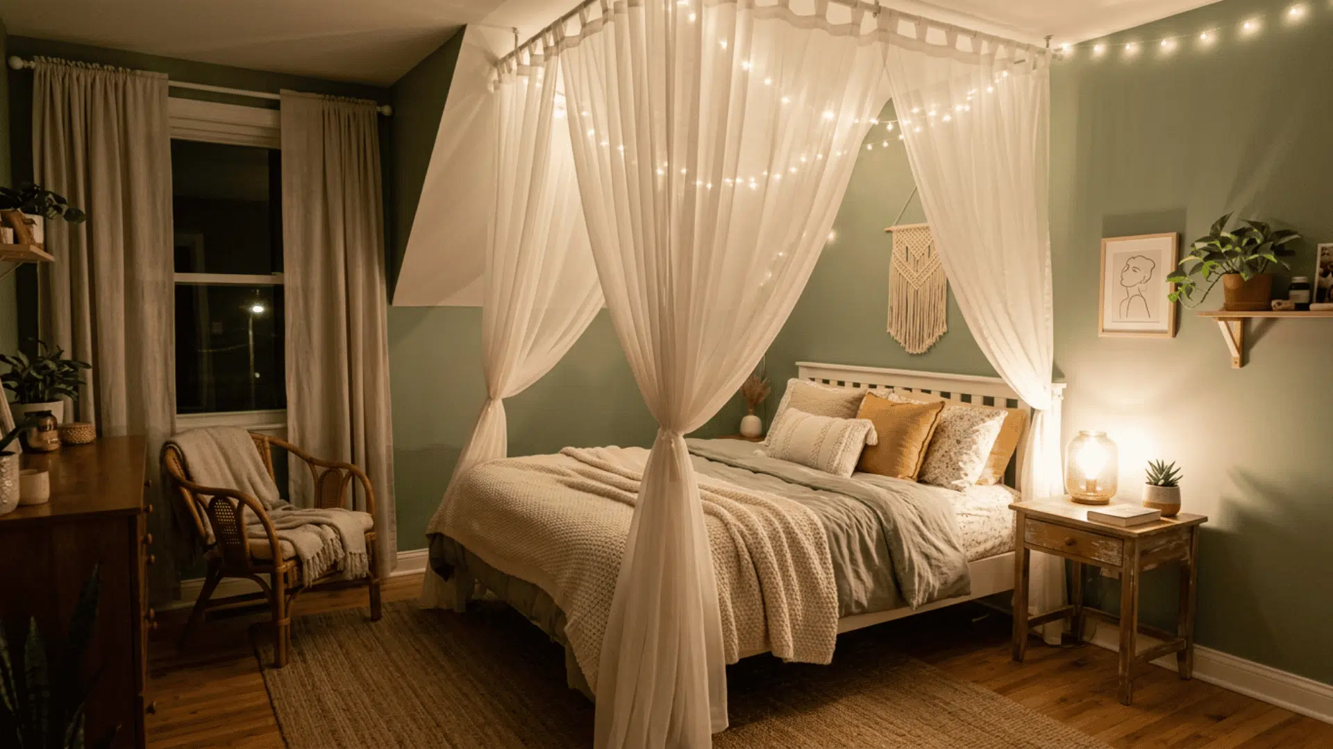 cozy teen bedroom with a canopy bed and soft curtain drapes